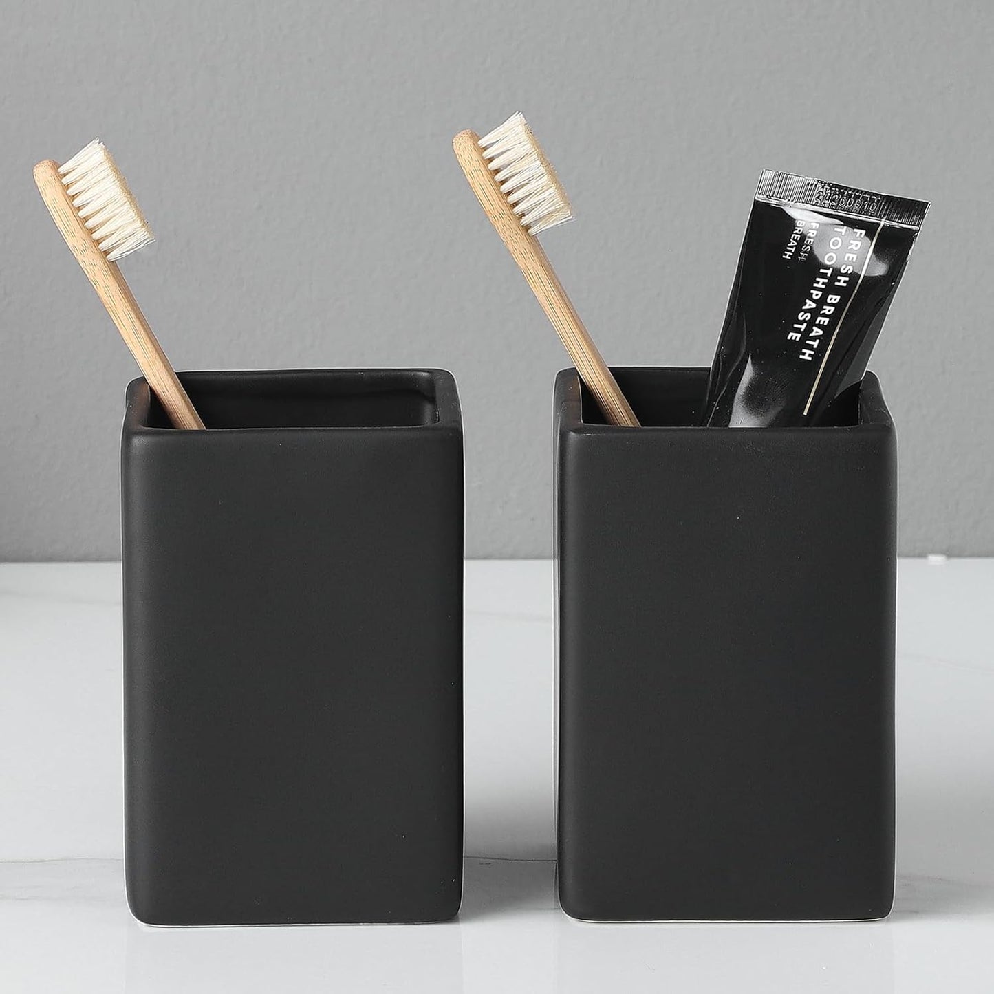 Black Square Toothbrush Holders for Bathrooms - 2 Cups Ceramic Square Toothbrush Toothpaste Holders Set, Bathroom Tumbler Cups Reusable Toothbrush Mouthwash Cup, Bathroom Counter Organizer.