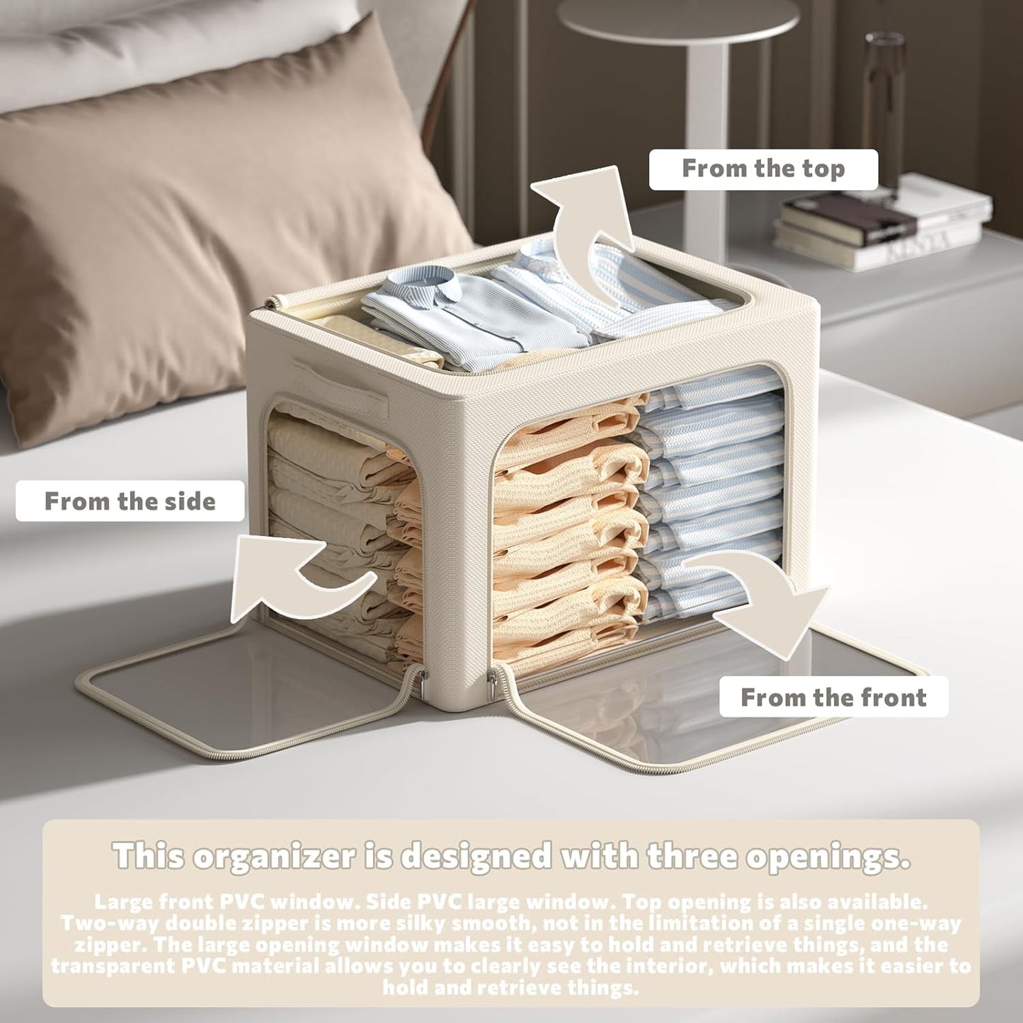 3Pack Clothes Storage Bins - Oxford Frame Storage Box Foldable Stackable Storage Organizer with 3 Openings Design, Metal Frame, Clear Window, Carry Handles (Beige, 100L-23.6 * 16.5 * 15.7in)