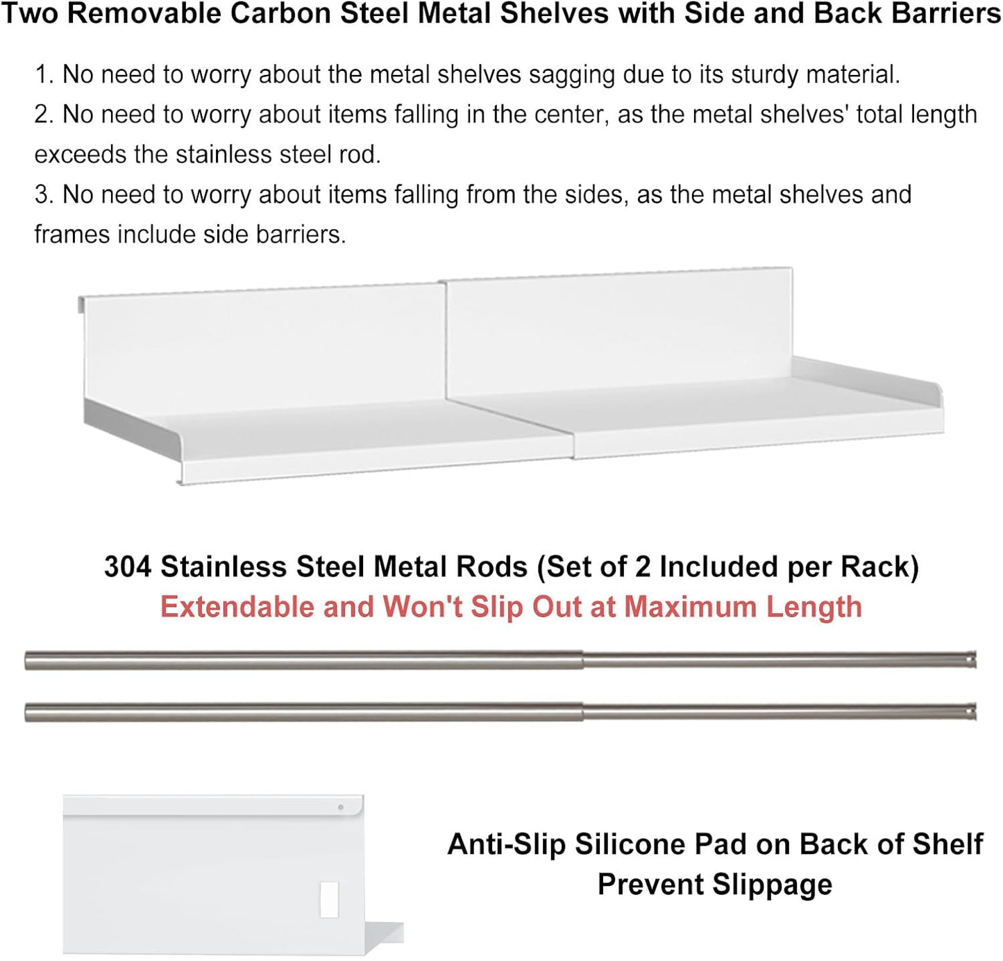 Expandable Under Cabinet Shelf Organizer with 0.94-Inch Thick Clips, Heavy Duty Extendable Under Shelf Storage Basket for Pantry or Laundry Room, White, 2 Pack, Interior: 4.13" H x 7.2" D