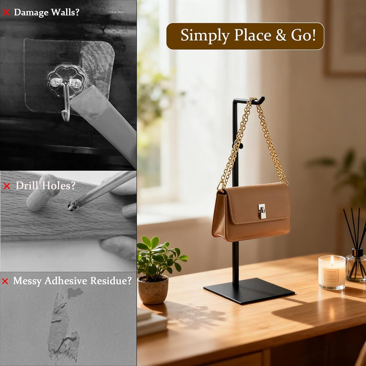 Purse Stand Holder, Adjustable Height Purse Stand for Display, Freestanding Handbag & Purse & Wreath Holder with Non-Slip Base, No Drill Needed for Tabletop, Desk, Closet,Retail