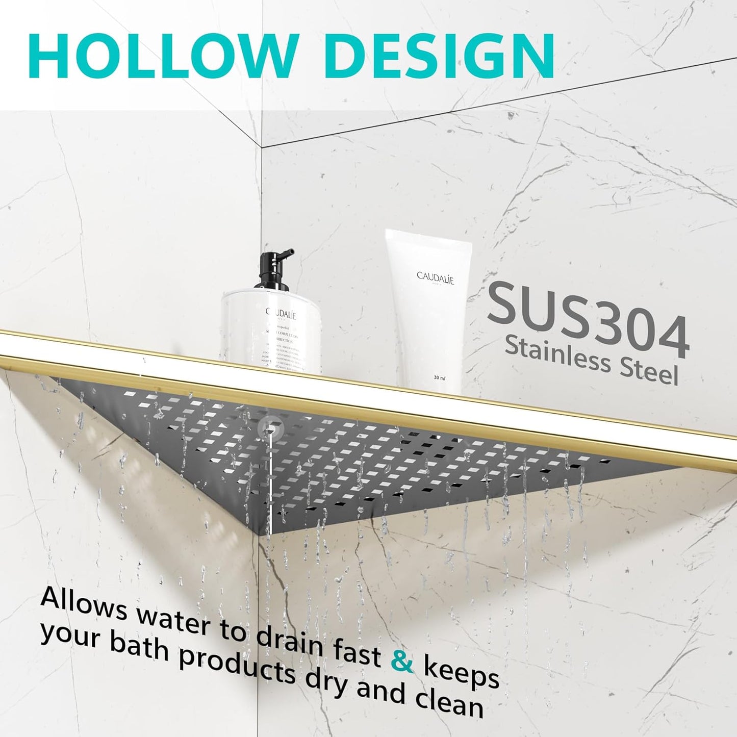 2 Pack Bathroom Corner Shelf, Recessed 12" Corner Shower Shelf, SUS304 Stainless Steel Triangular Wall Mount, No Drilling, Brushed Golden