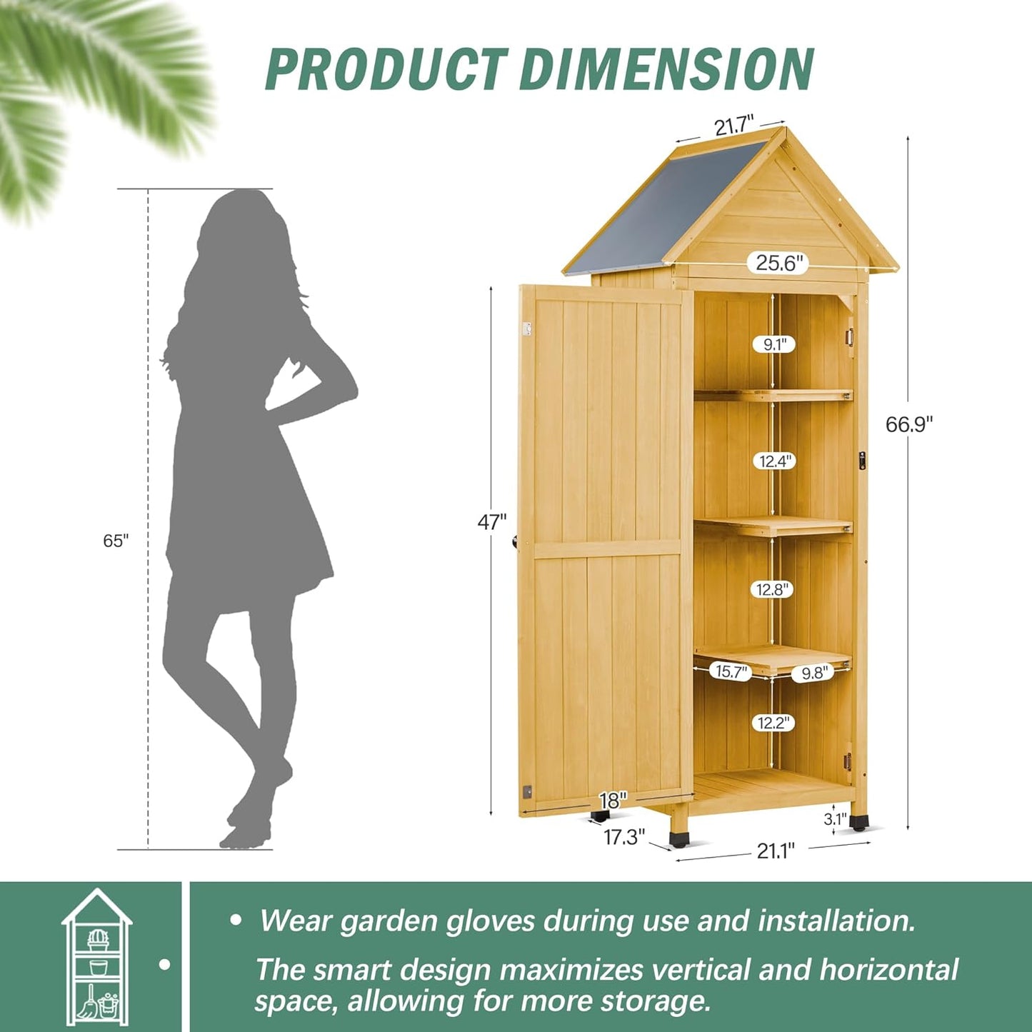 Wooden Outdoor Storage Cabinet,Tall Vertical Garden Tool Shed with Waterproof Metal Roof & Adjustable Feet – Perfect for Yard, Patio, Lawn & Deck (Yellow, 22" x 26" x 67")