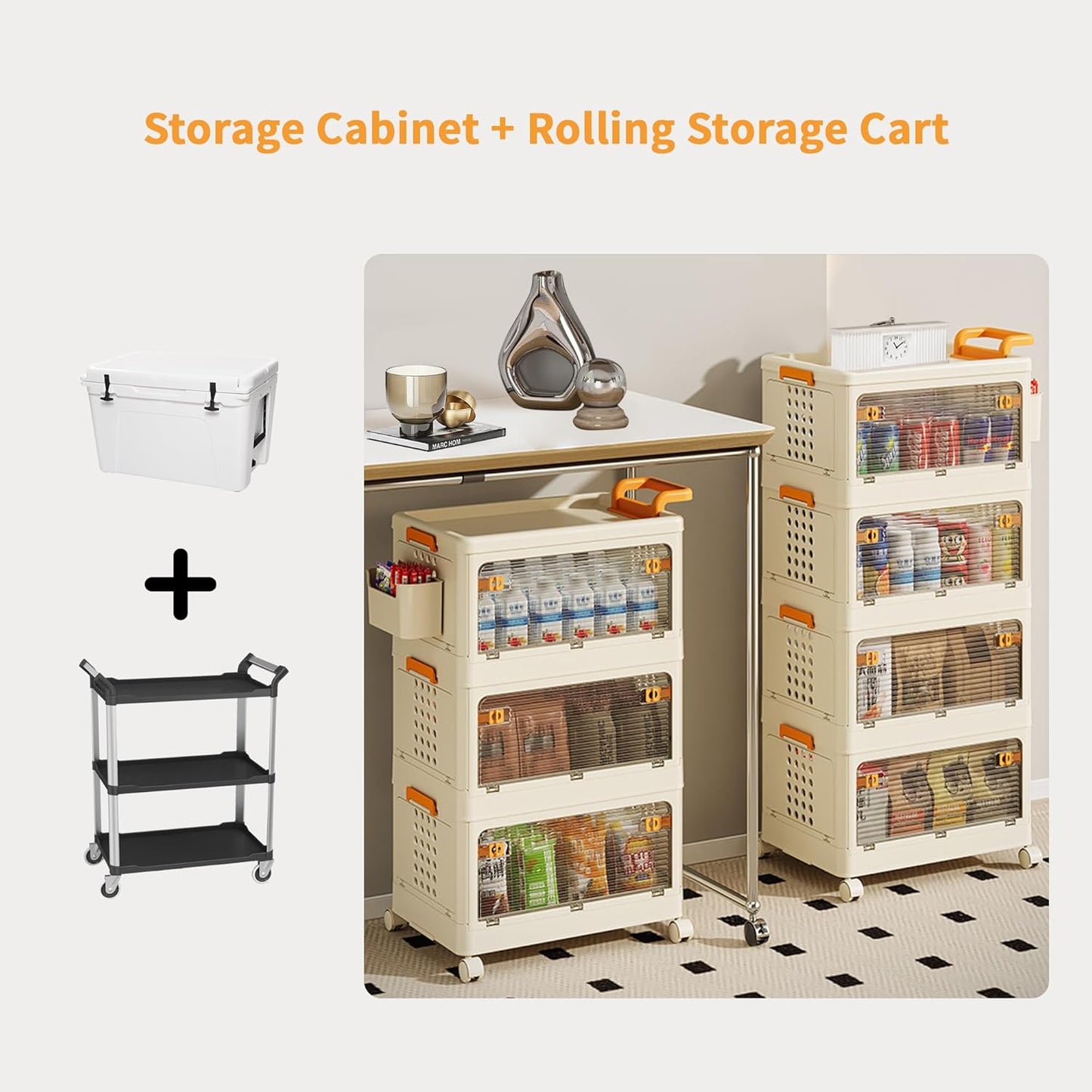 58 QT Stackable Storage Bins with Lids, Rolling Storage Cart with Clear Doors, Utility Storage Organizer Cart Drawer, Plastic Cabinet Storage Containers for Home, Office, Kitchen, Bedroom, White