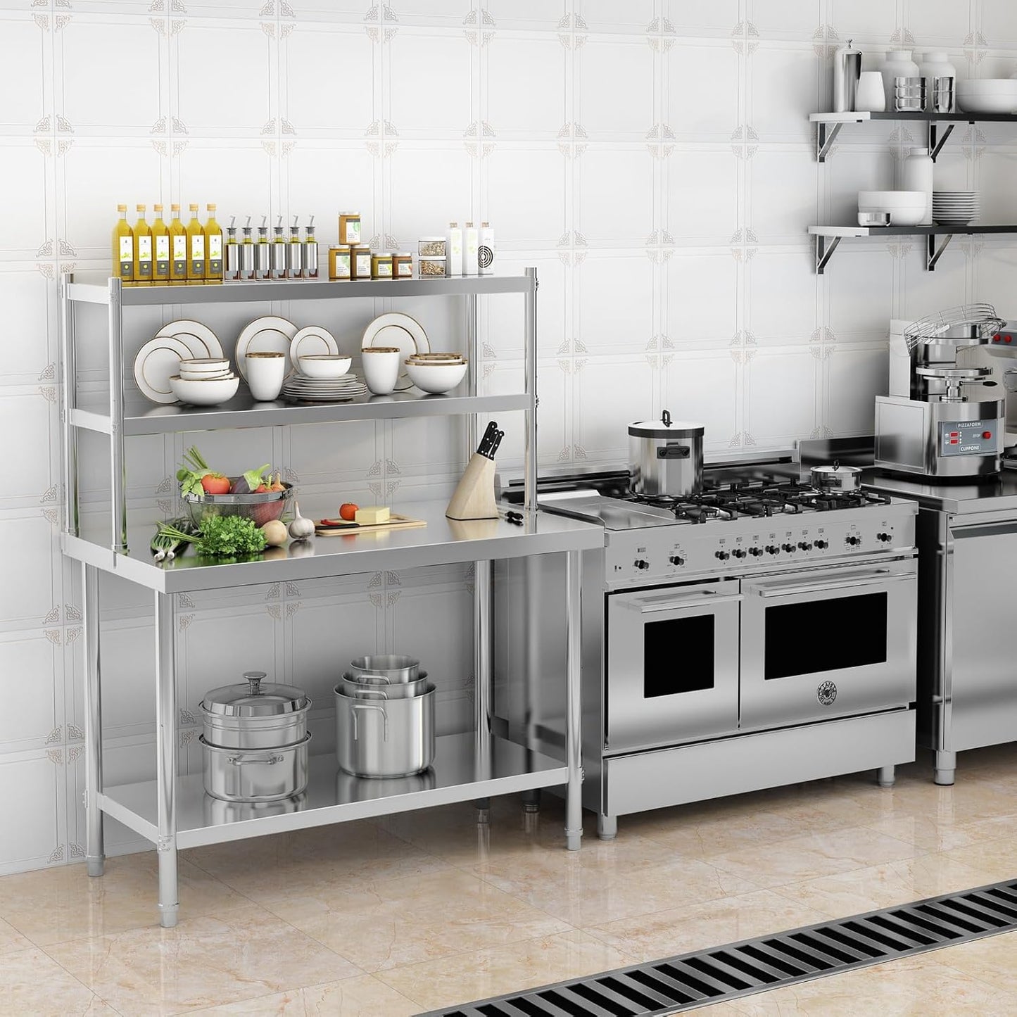 2-Tier Stainless Steel Commercial Work Table 47.2" W x 23.6" D x 31.5" H with Overshelf, Heavy Duty Kitchen Prep Table for Restaurant, Home Kitchen, Garage, Warehouse