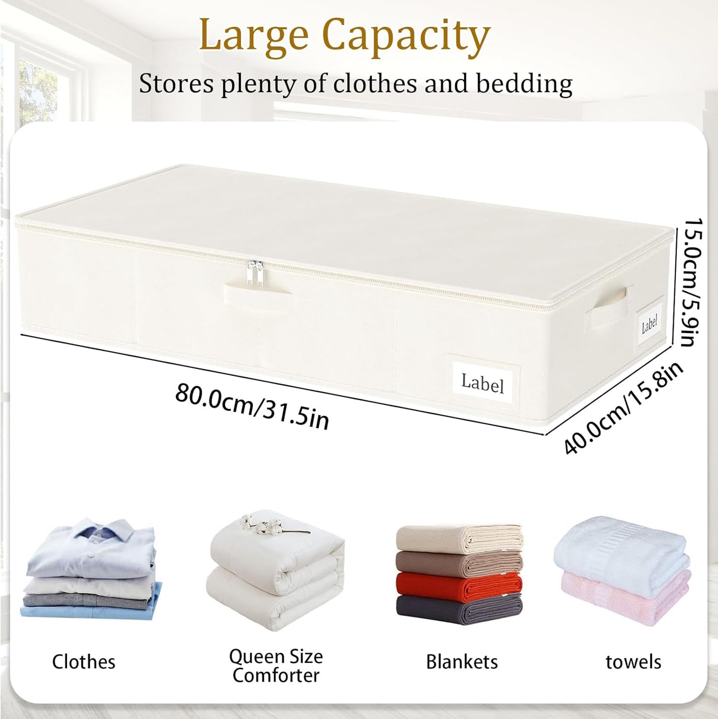 Yawinhe Foldable Underbed Storage Bags, Containers Bin with Lids, Large Under Bed Organizer Box, with Sturdy Zipper und Label Holders, for Clothing, 31.5''Lx15.7''Wx6''H, 2 Pack, Beige