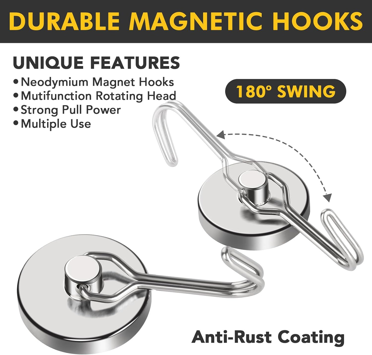 MIKEDE Magnetic Hooks, 80LB+ Swivel Swing Strong Magnetic Hooks Heavy Duty,Neodymium Cruise Hooks Magnets for Hanging, Home, Workplace, Metal Door, Office and Garage - Pack of 4