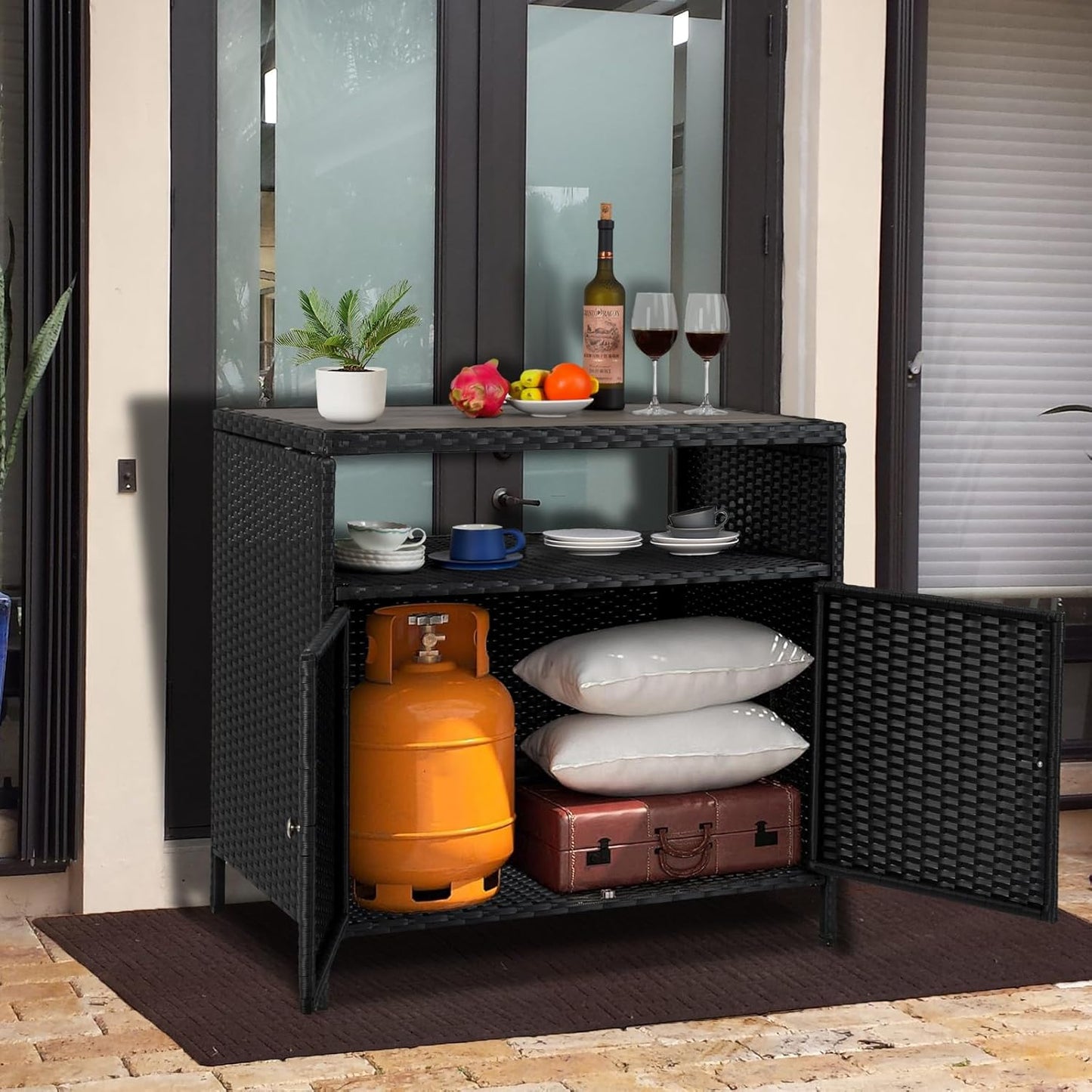 Garvee Patio Outdoor Wicker Storage Cabinet with Shelf, Powder Coated Steel, Patio Bar Table with 2-Door and Shelf, All Weather Resin Wicker, Patio Pool Garden Kitchen, Grey Table