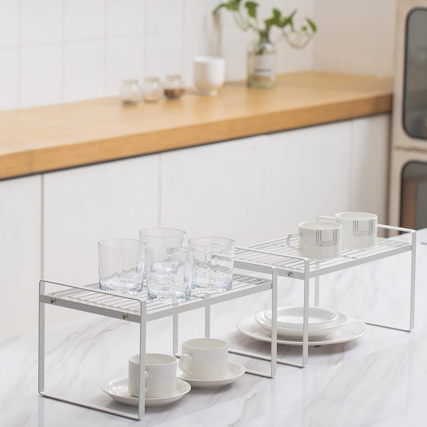 2Pack Kitchen Cabinet Shelf Counter Organizer Rack Pantry Storage Bathroom Bedroom Office Table Desk Space Saving Stackable Rust Resistant Non Slip White Wide L13.1in W10.6in H7.3in