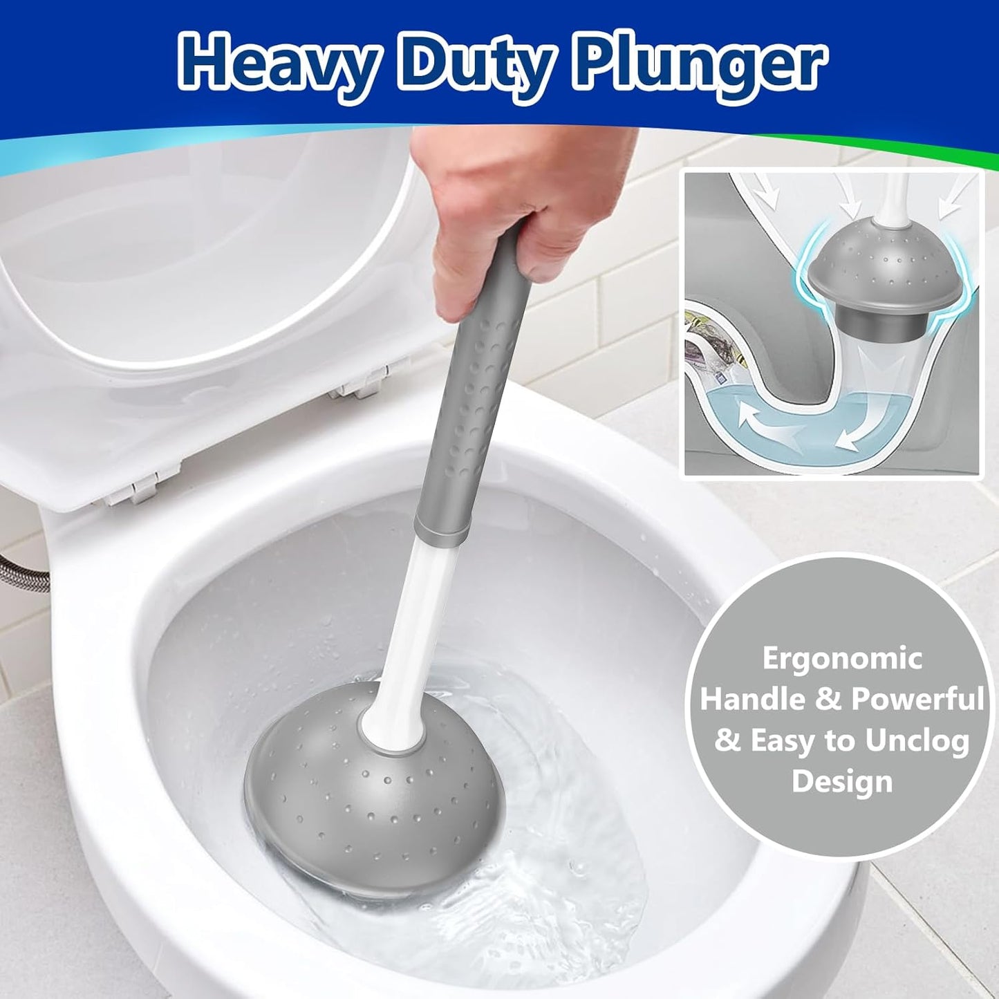 Toilet Brush and Plunger Set: 2-in-1 Heavy Duty Toilet Plunger and Bowl Brush Combo with Holder for Bathroom Cleaning - White