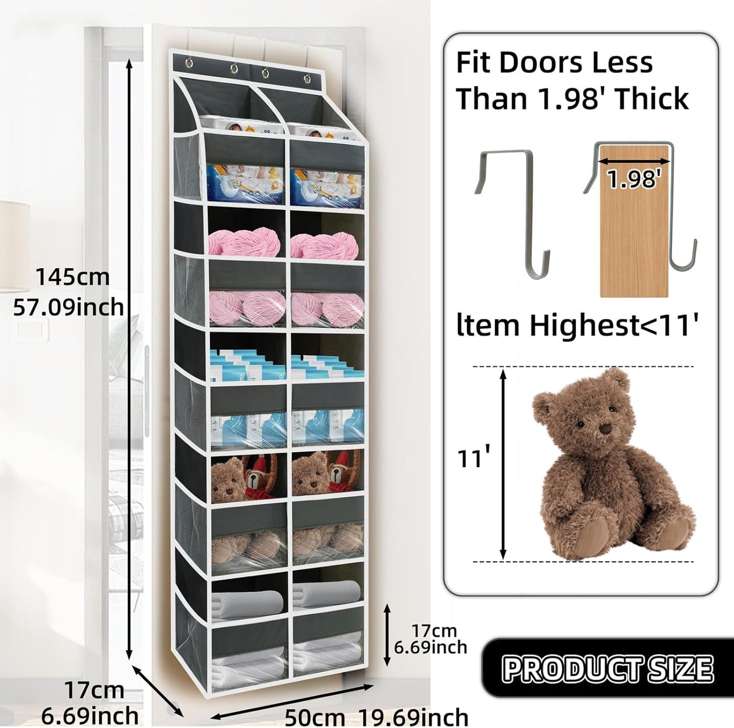 5-Tier Heavy Duty Over the Door Organizer with 10 Compartments - 600D Oxford Cloth Large Behind Door Storage for Closet, Nursery, Bedroom, Pantry, Diaper & Toy Organizer (Gray)