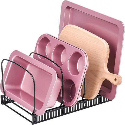 Toplife 10+ Bakeware Organizer Rack for Kitchen Bakeware, Cookware, Dinnerware, Cutting Boards, Plates, Pot and Pan Lids (Black)