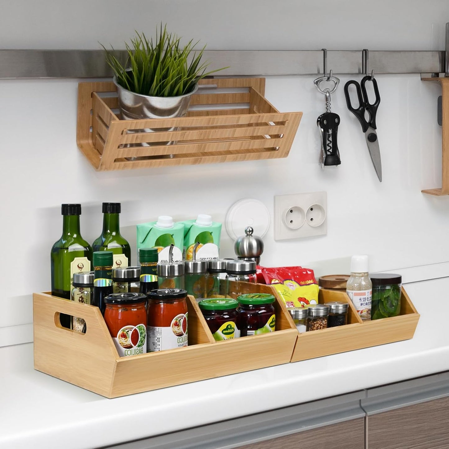 Ollieroo Bamboo Stackable Storage Bin, Pantry Organizer and Storage Baskets, Potato and Onion Kitchen Organizer, Kitchen Storage Containers for Produce, Fruit, Bread, Vegetable, Garlic, Pack of Two