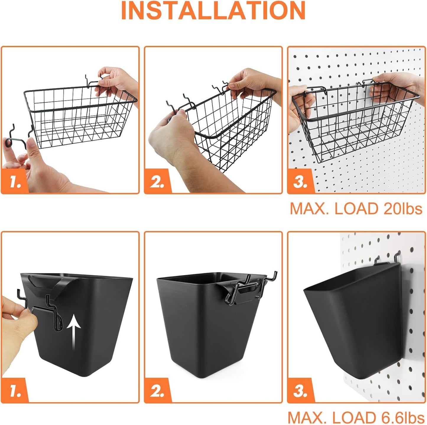 Pegboard Basket Organizers, Peg Board Large Baskets Hooks Bins Cups Tool Organizer 6 Pack Set, Wall Storage Display Hanging Accessories for Craft Office Stadio Shed Garage Organization (Black & Black)