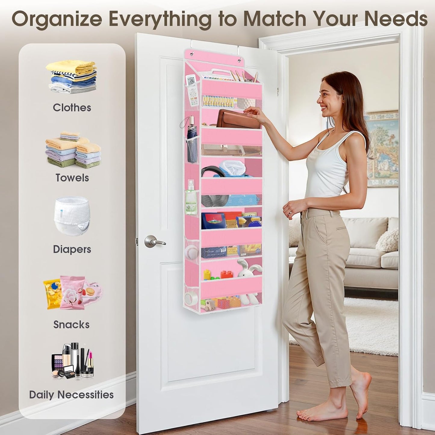 2 Pack Over The Door Organizer Hanging Storage Organizers with Clear Window 40lb Large Capacity Room Organizer for Pantry Laundry Bathroom Nursery Closet(Pink)