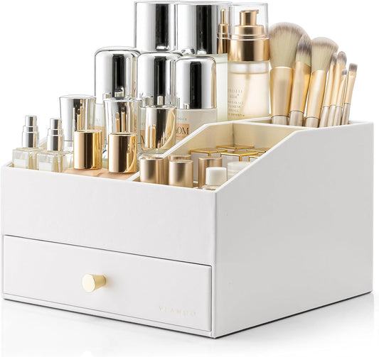 Vlando Makeup Organzier,Vanity Organizer with Drawers, PU Leather Skincare Organizer Perfume Organizer,Large Cosmetic Display Case for Lipstick,Brushes Gifts for Women-White