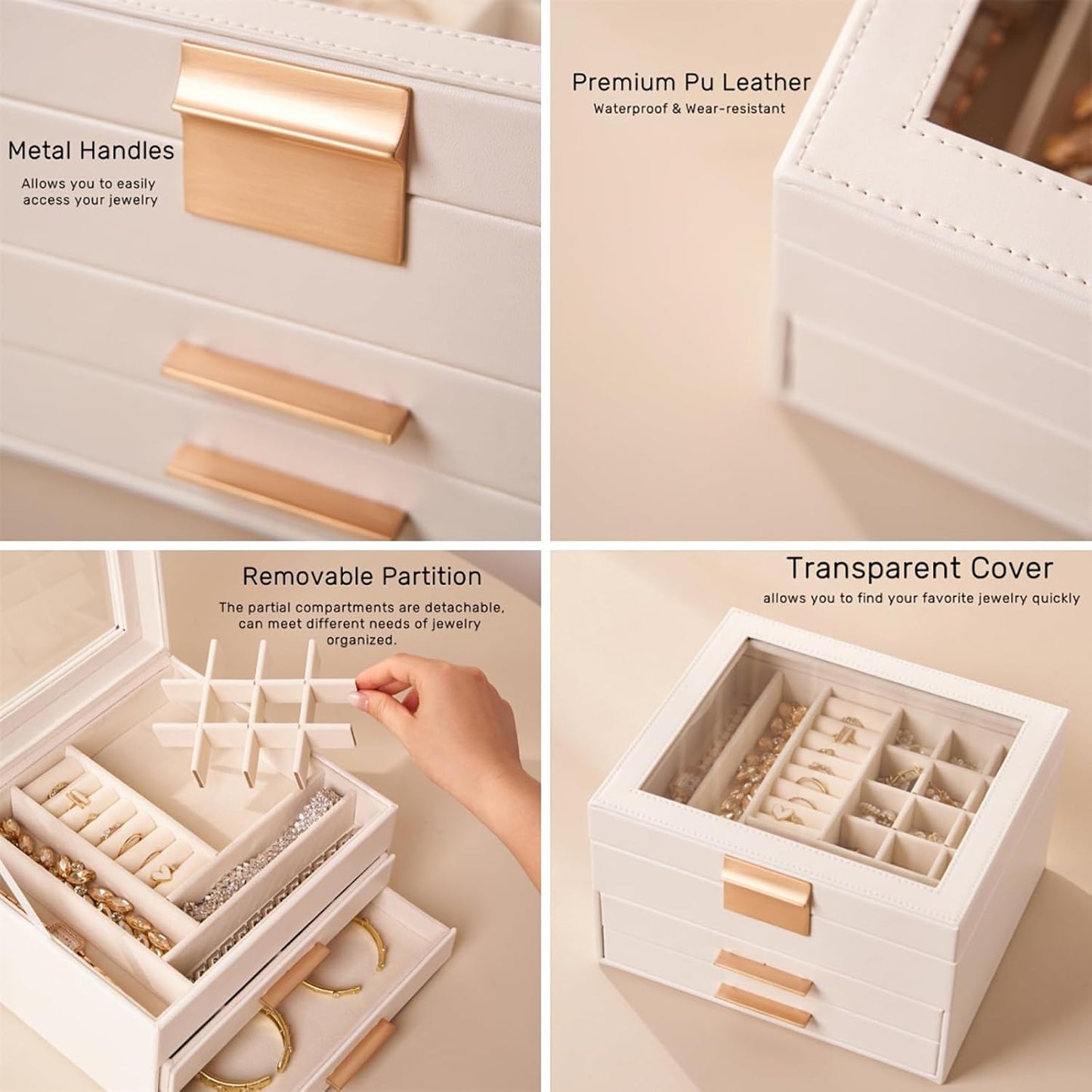 Jewelry Box Organizer with Glass Lid, 3-Layer Jewelry Storage, with 2 Drawers, Modern Style, 8 x 9.1 x 5.3 Inches (Brown)