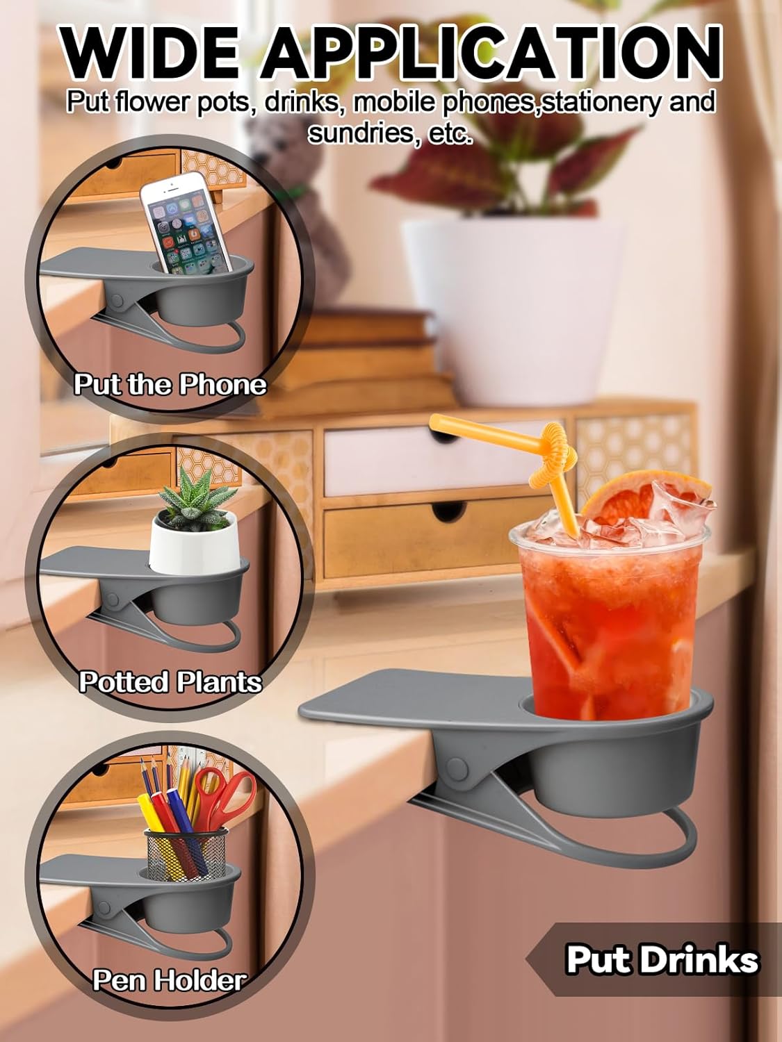 2PCS Drinking Cup Holder, Kalolary Desk Bottle Cup Stand DIY Glass Clamp Storage Saucer Clip Water Coffee Mug Holder Saucer Clip Design for Home & Office, Grey