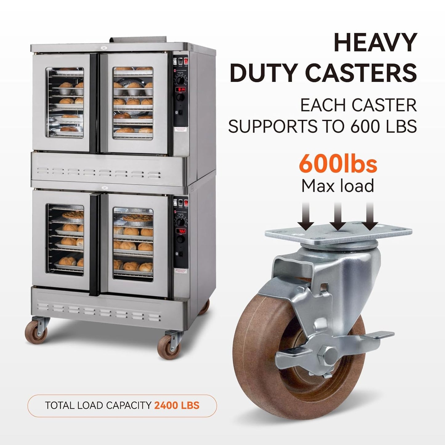 4" Hi-Temp Glass FiIled Nylon Casters, Heavy Duty Casters Set of 4, Industrial Caster Wheels for Commercial Kitchen, Bakery - 2400 lbs Capacity(2 Brake & 2 Rigid)