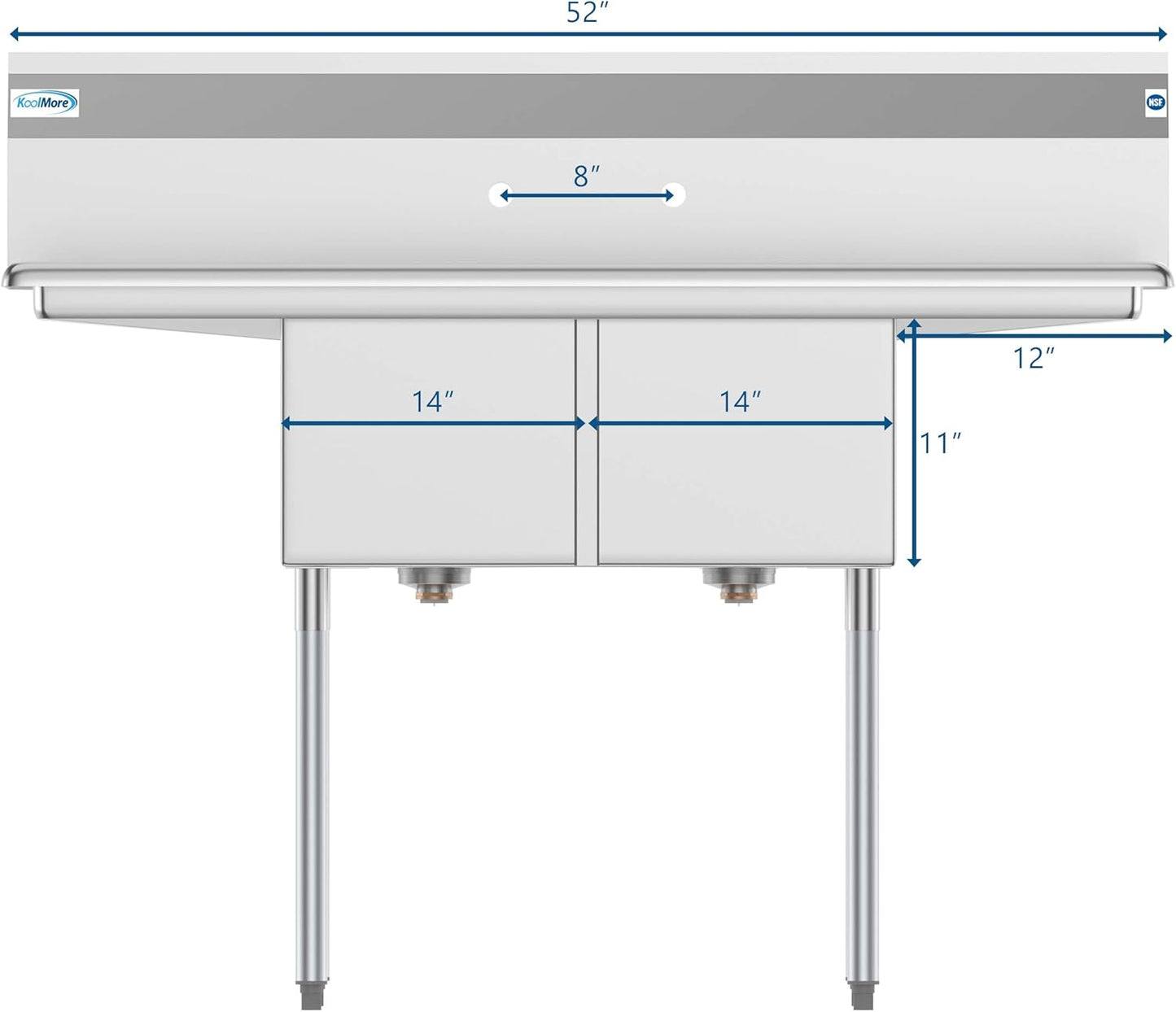 KoolMore - SB141611-12B3 2 Compartment Stainless Steel NSF Commercial Kitchen Prep & Utility Sink with 2 Drainboards - Bowl Size 14" x 16" x 11", Silver
