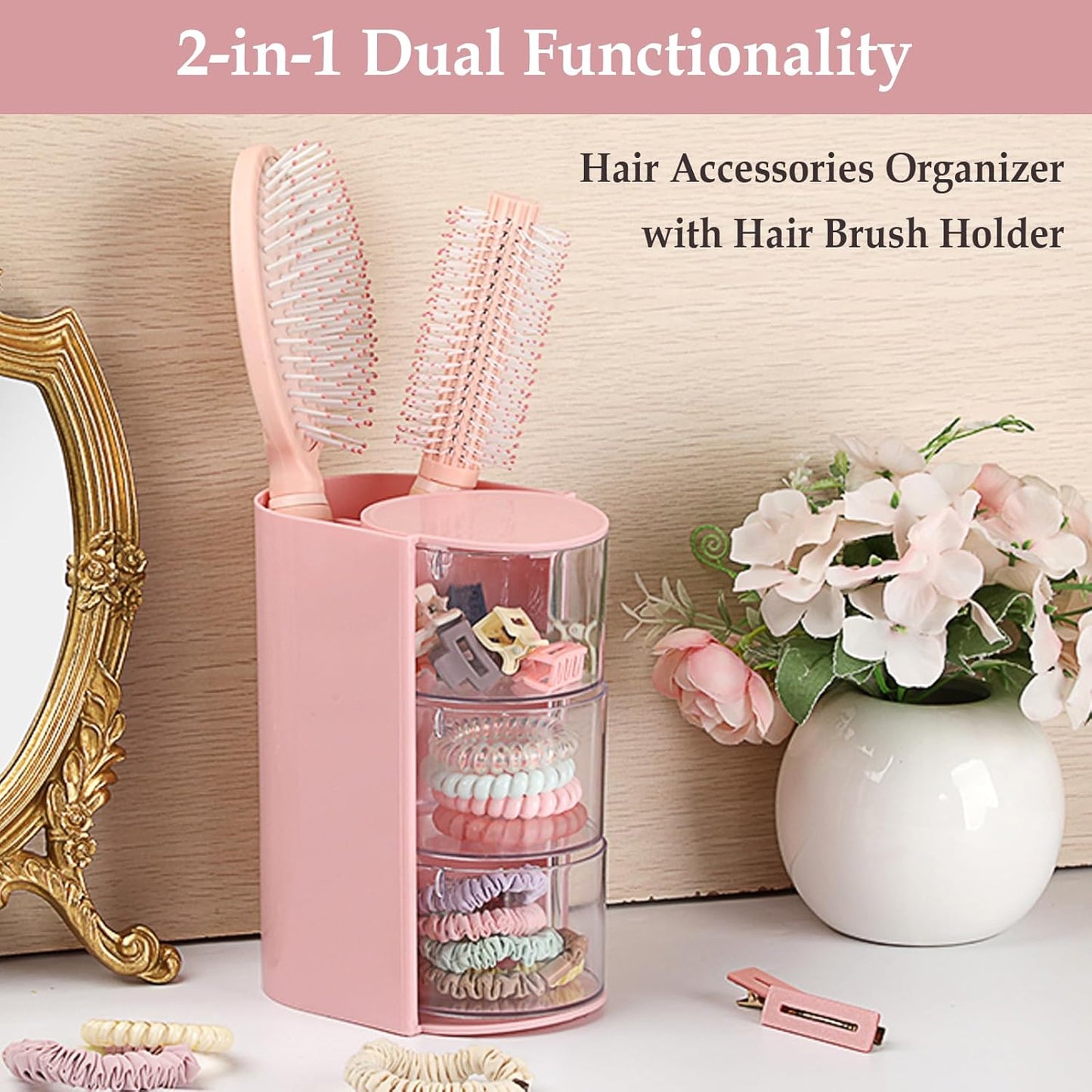Hair Accessories Organizer with Hair Brush Holder Spinning Cosmetic Storage Case for Makeup Sponge Plastic Desktop Organizer, 3-Layer Pink