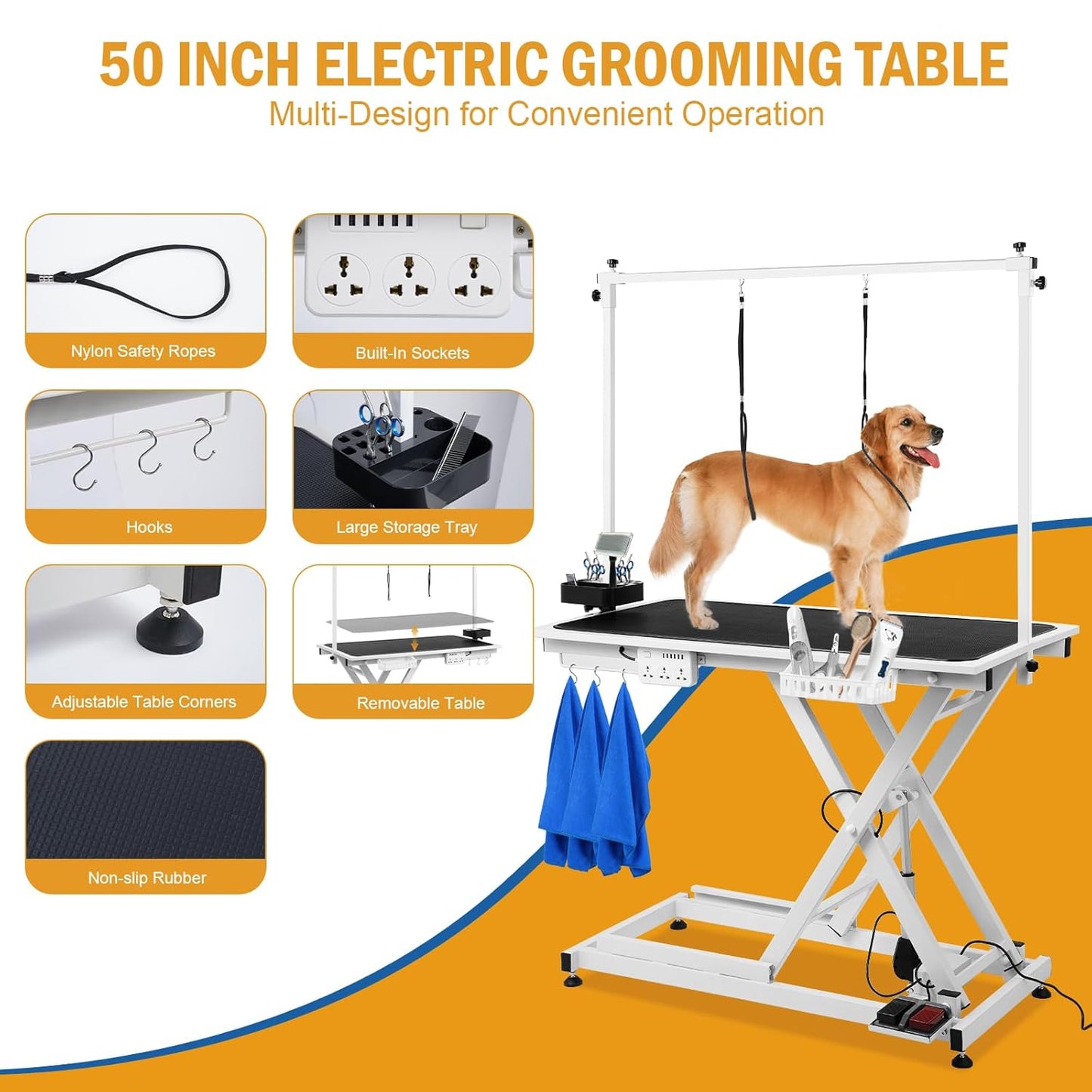 Electric Dog Grooming Table 50" with Foot-operated, Professional Heavy Duty Pet Grooming Table for Dogs at Home, Aluminium Adjustable Overhead Arm & Tool Organizer, Large Pet Grooming Station