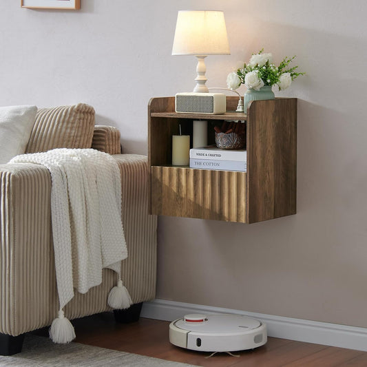 Modern Fluted Floating Nightstand Wall Mounted - Bedside Table with Storage Drawer & Display Shelf, Minimalist Bedroom Furniture for Studio Apartments(Rustic Brown)