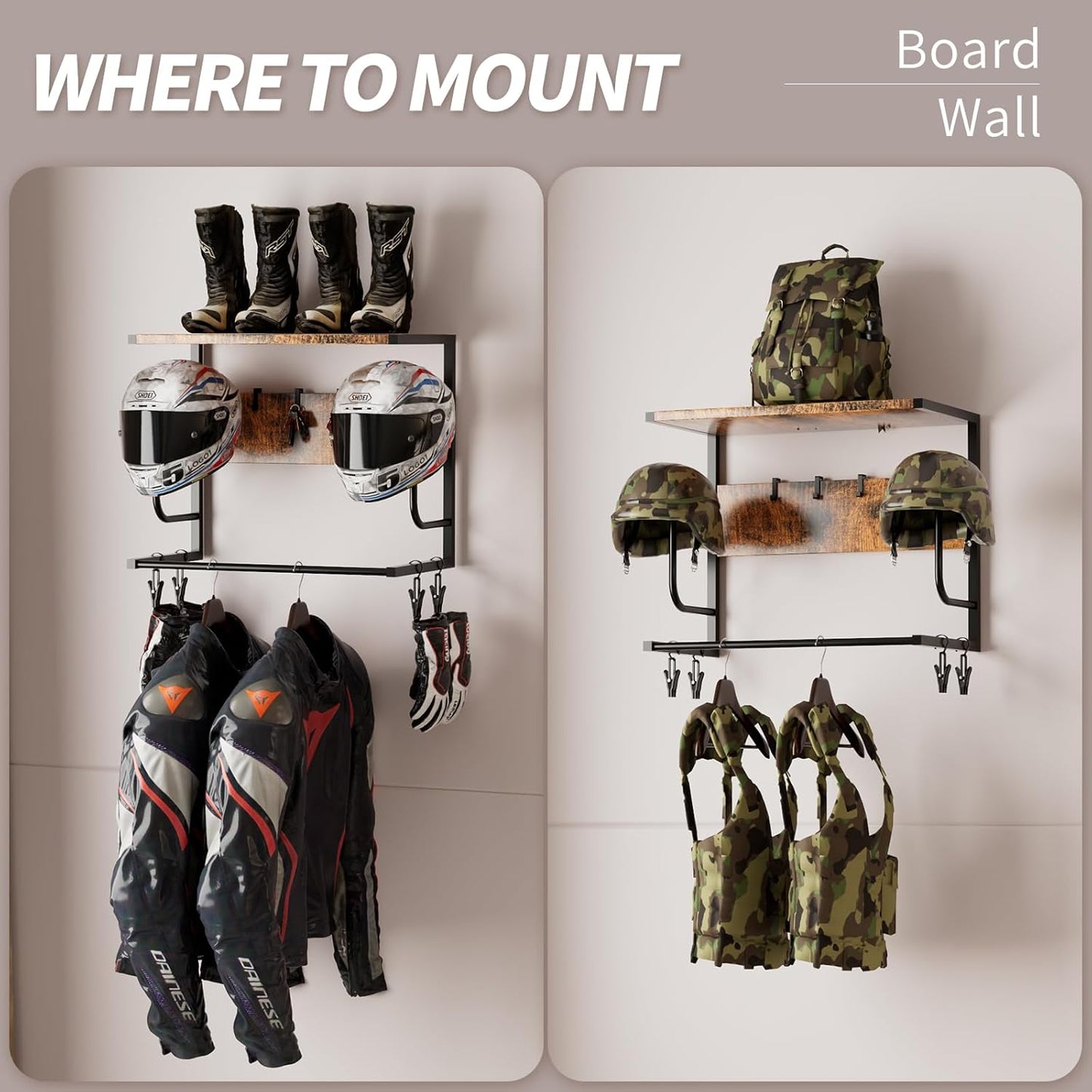 Motorcycle Helmet Holder Wall Mounted, Helmet Rack Wall Mount with Helmet Rack, 4 Glove Chips and 4 hooks, Rustic Helmets Holder and Motorcycle Helmets Racks for Most of Helmet and Clothes
