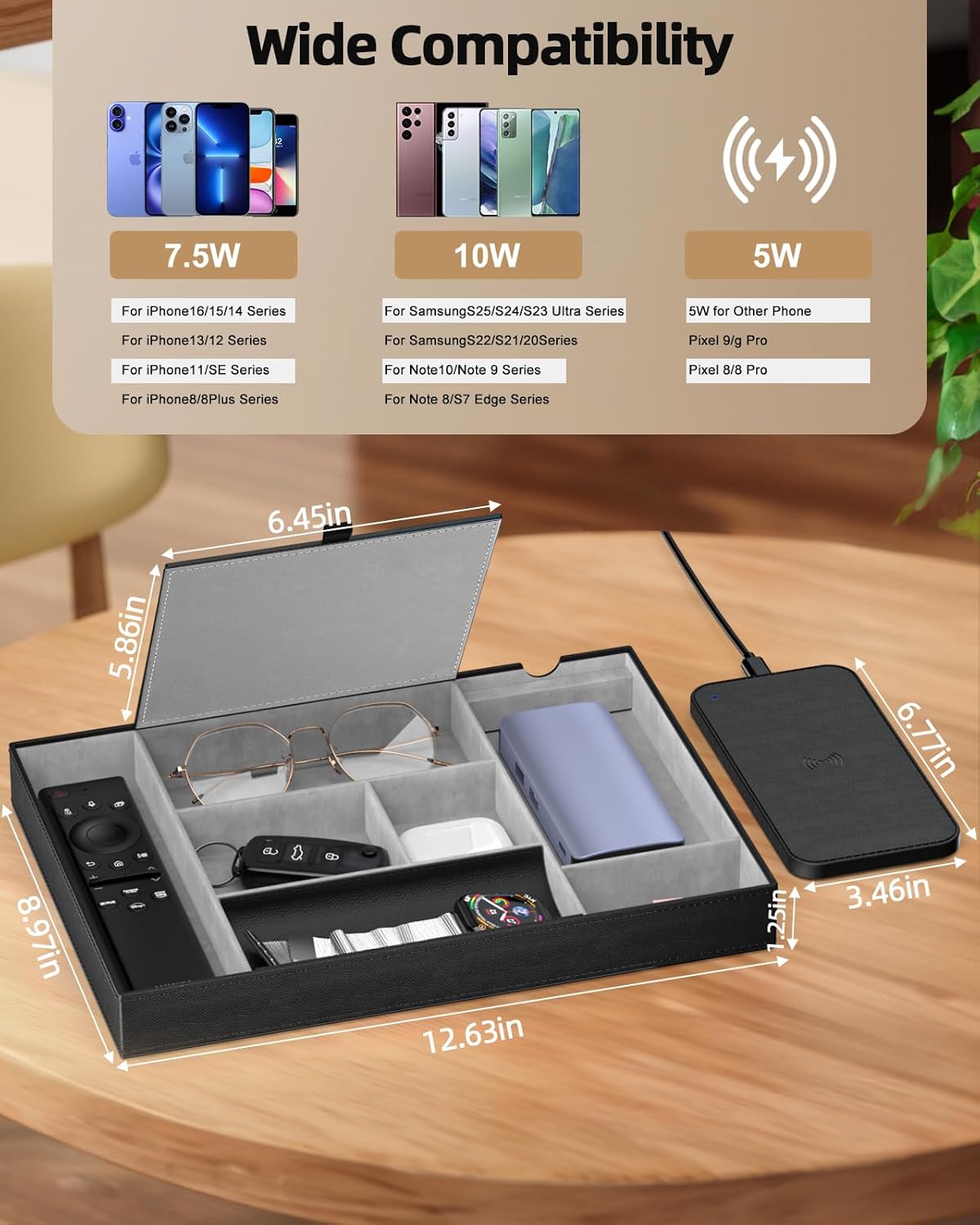 Valet Tray with Wireless Charger, Nightstand Organizer, Leather Desk Drawer Organizer Tray with 7 Compartments for Jewelries, Watch, Key, Wallet, Phone, Black