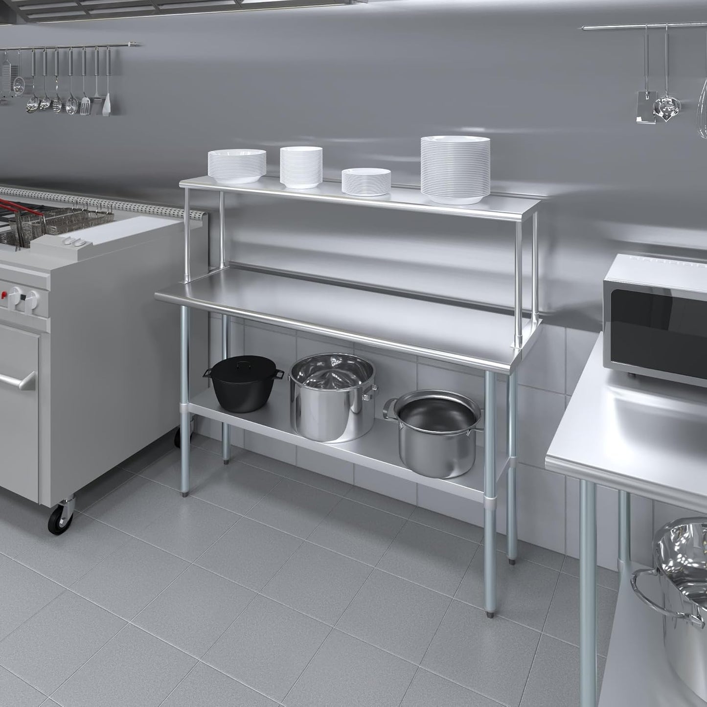 Stainless Steel Work Table with Wide Single Tier Overshelf | Metal Kitchen Prep Table & Shelving Combo (18" x 60" Work Table + 12" Overshelf)