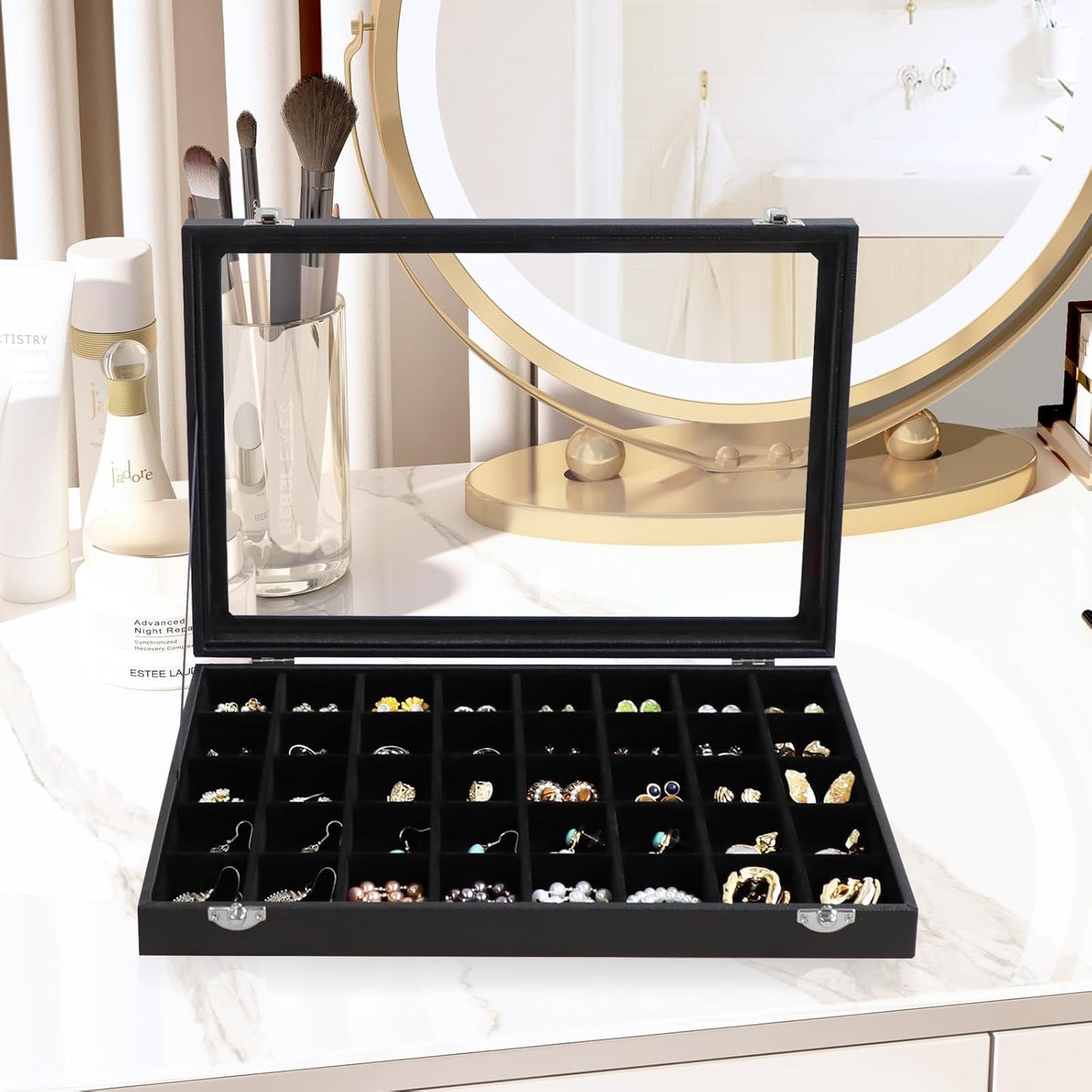 Wudygirl Jewelry Organizer 40 Grid Earring Holder Organizer with Clear Lid Jewelry Box for Rings Earrings Bracelets Storage Display Case for Women