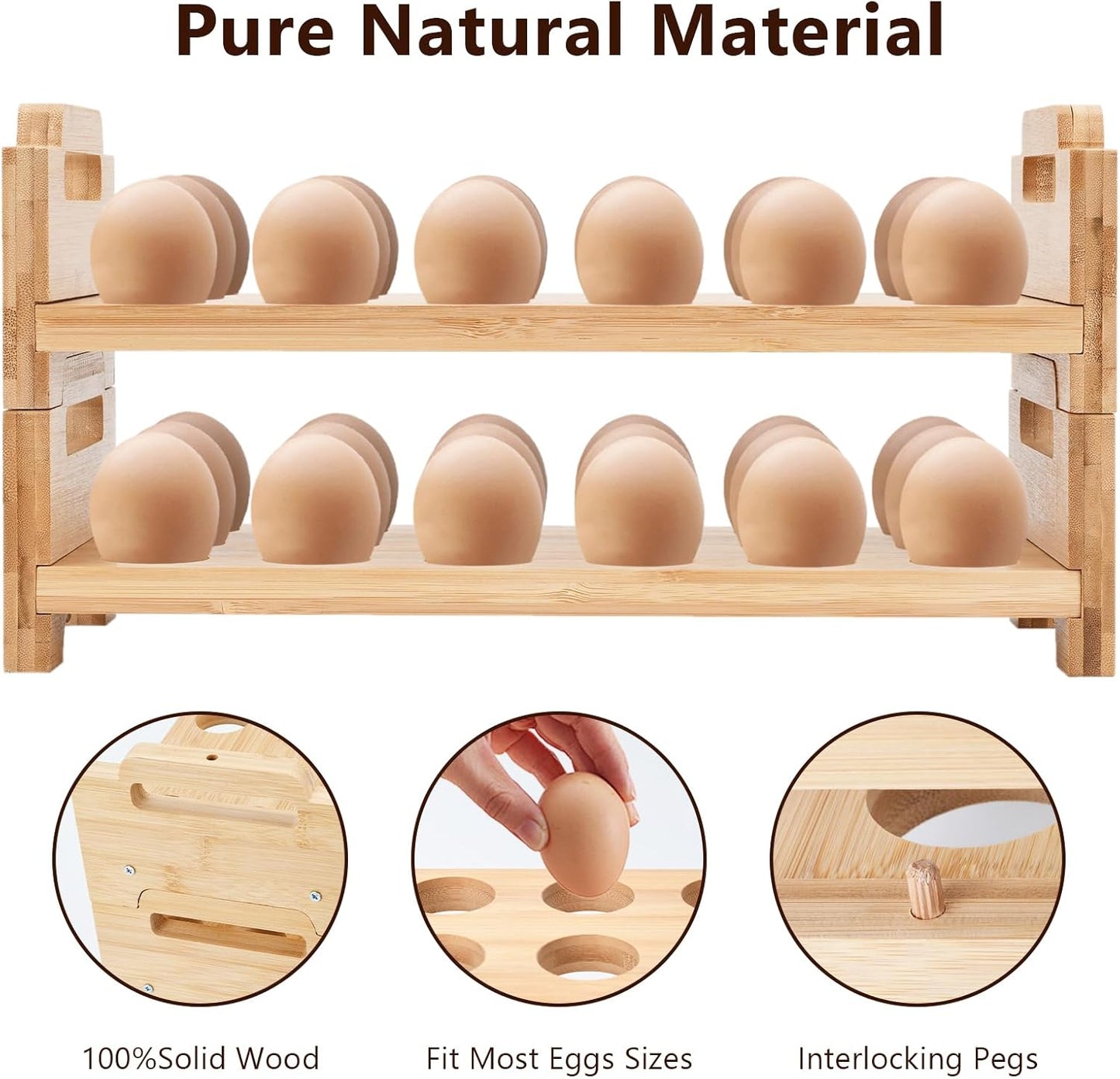 2-Tier Wooden Egg Holder - Egg Basket For Gathering Fresh Eggs, Layer Egg Tray Holder Countertop For 18 Eggs,Tier Egg Organizer For Farmhouse Kitchen Refrigerator Fits Duck, Turkey, Chicken Eggs