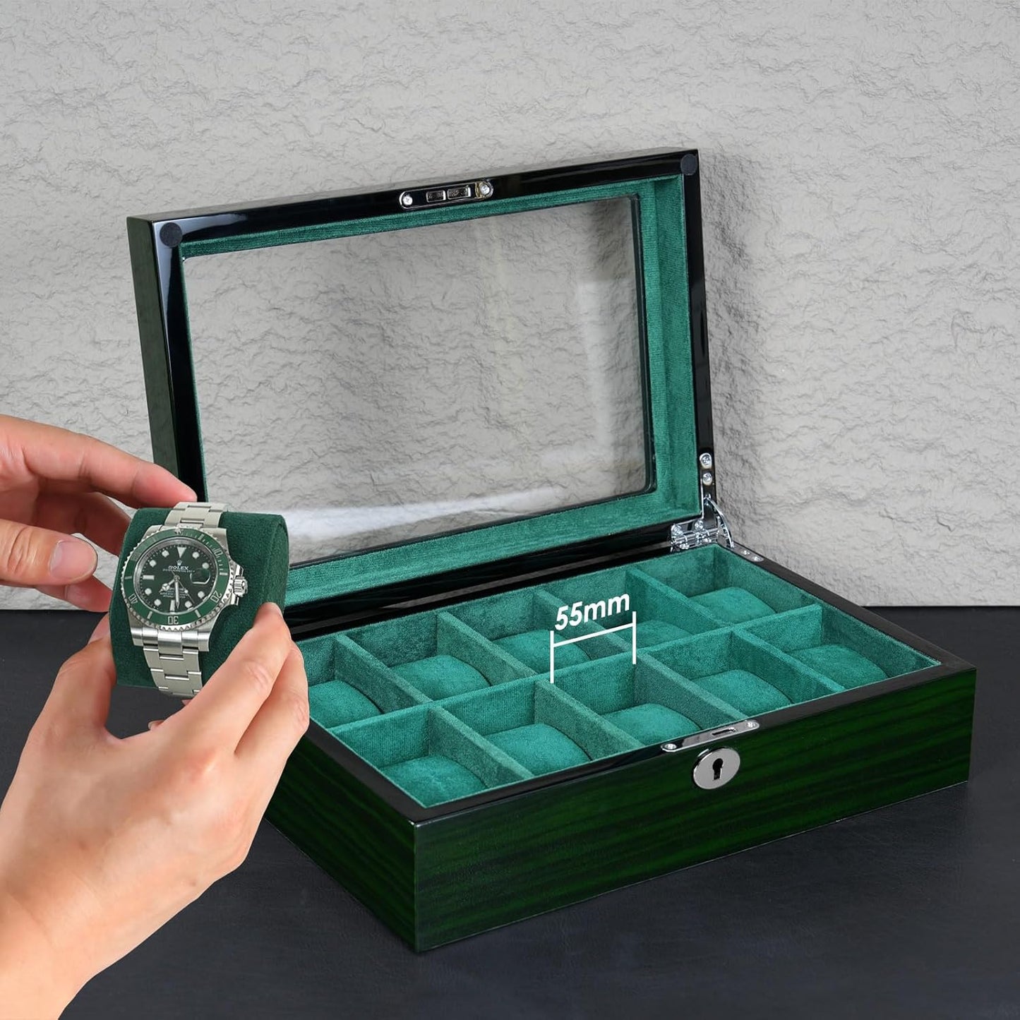 Watch Box for Men 10 Watches Storage Organizer Case, Smart Watch Display, Green Wood with Soft Suede Interior, Large Glass Window, Gift for Women and Man (10W-GR)