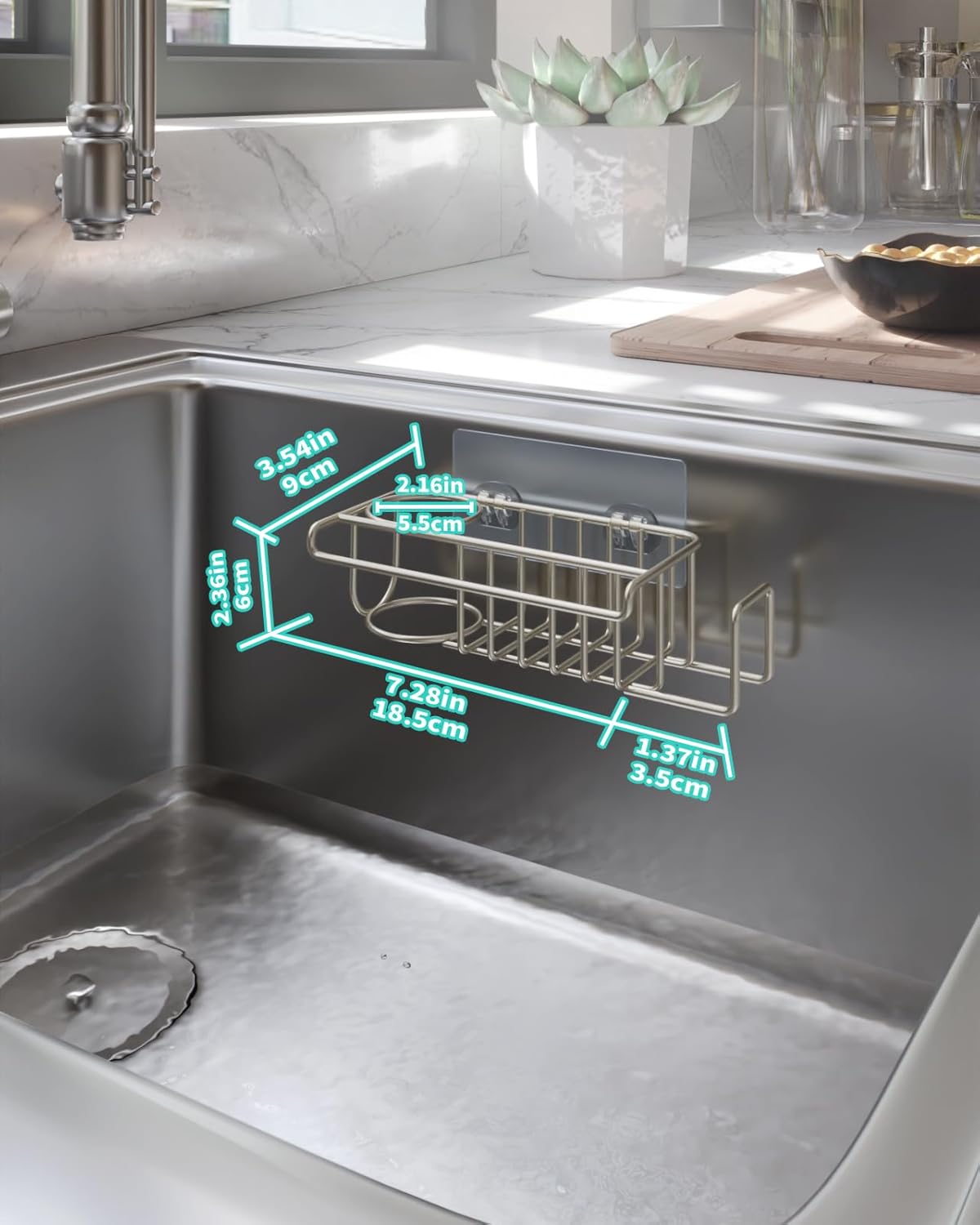 HapiRm Sink Caddy Sponge Holder - No Drill Sponge Holder for Kitchen Sink, Rustproof and Waterproof Kitchen Organizer - Brushed Nickel（8.65 * 3.54 * 2.36 in）