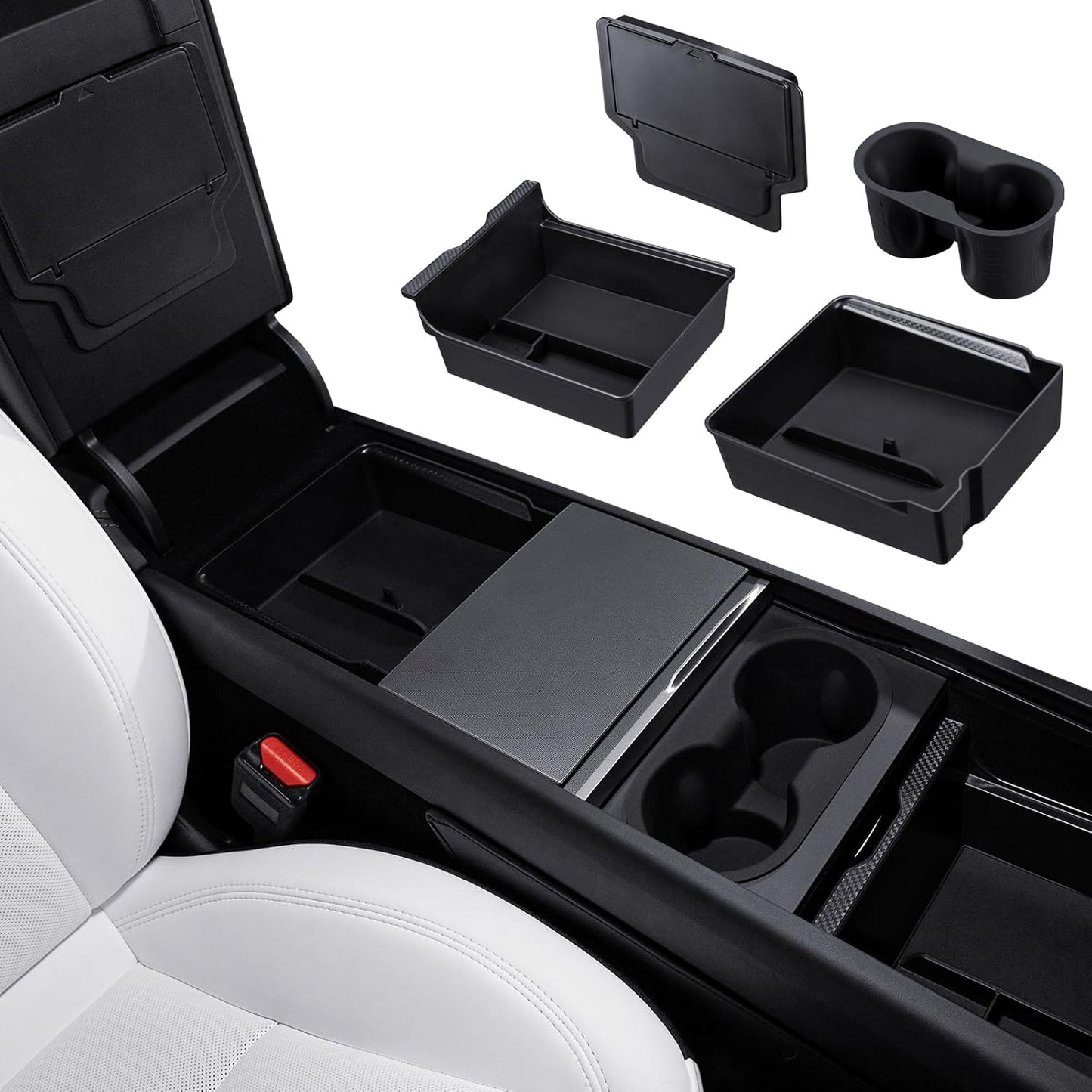 Motrobe 2026 Tesla Model Y Tesla Model 3 Center Console Organizer Tray Cup Holder Magnetic Armrest Hidden Storage Box Model 3 Highland Model Y Juniper (Standard/Premium/Performance) Accessories 4PCS