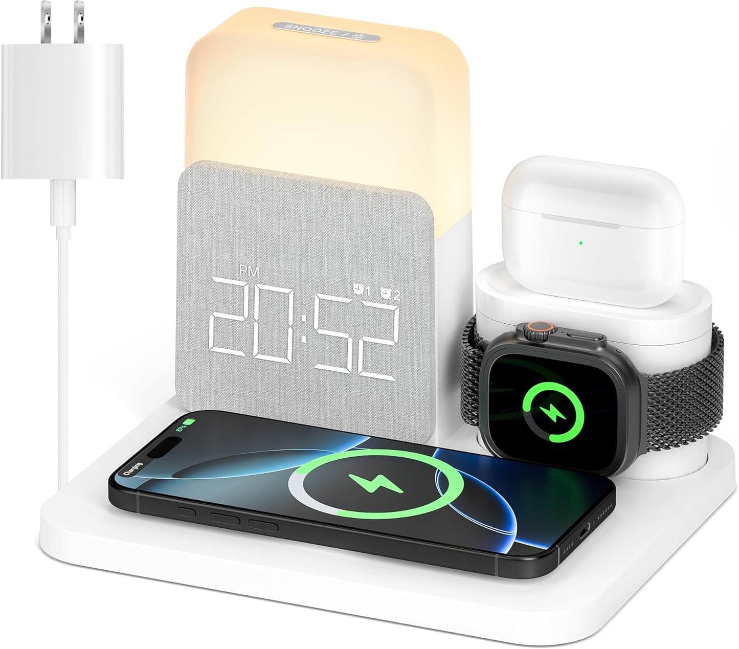 Alarm Clock with Wireless Charger for Bedrooms, 6 in 1 Wireless Charging Station, Magnetic Charger with Night Light Bedside Clock for iPhone 17 16 15 14 13 12 Pro Max, Apple Watch, AirPods