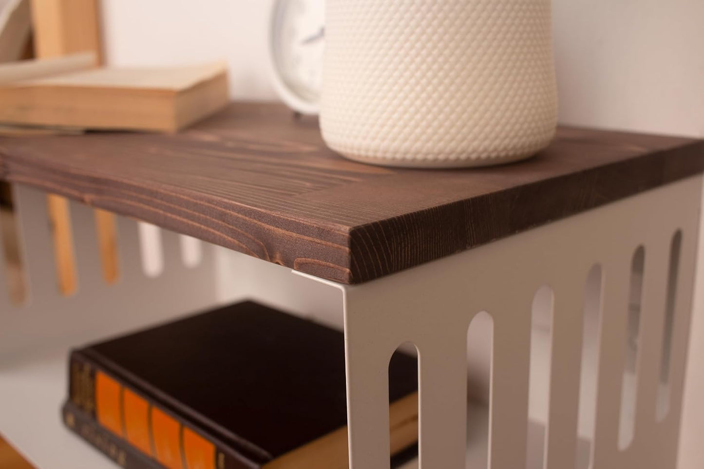 Floating Nightstand with White Metal Base, Wooden Top and Sturdy Metal Base, Minimalist Bedside Table, Wall Mounted Shelf, Bedside Shelf (London)