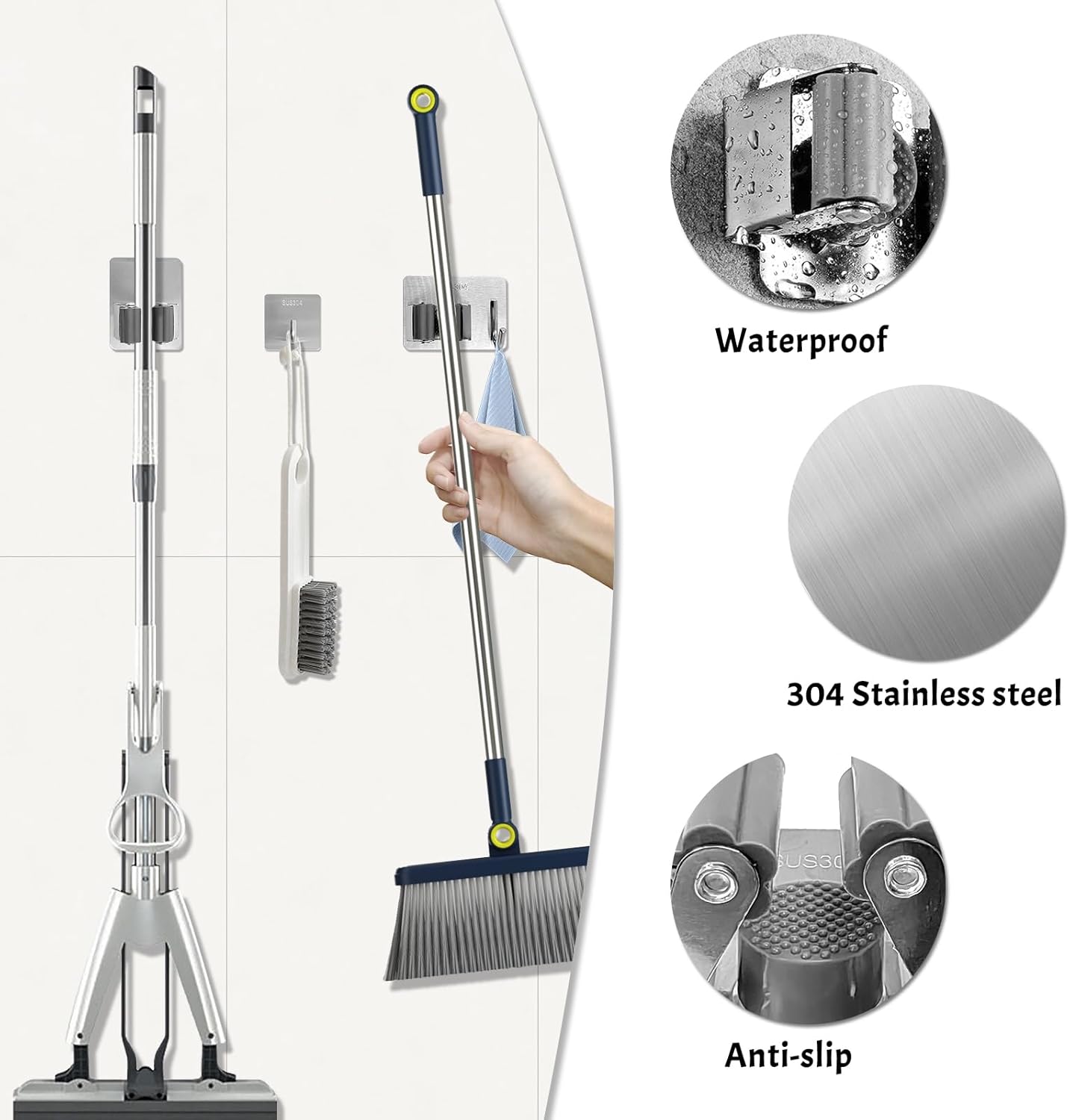 Daily Treasures 6 Pcs Stainless Steel Broom Holder Wall Mount Self Adhesive (with Hook), Adjustable Size Broom and mop Holder, Flexible Freestanding Broom Sticky Back Hooks, Hook Broom Hanger