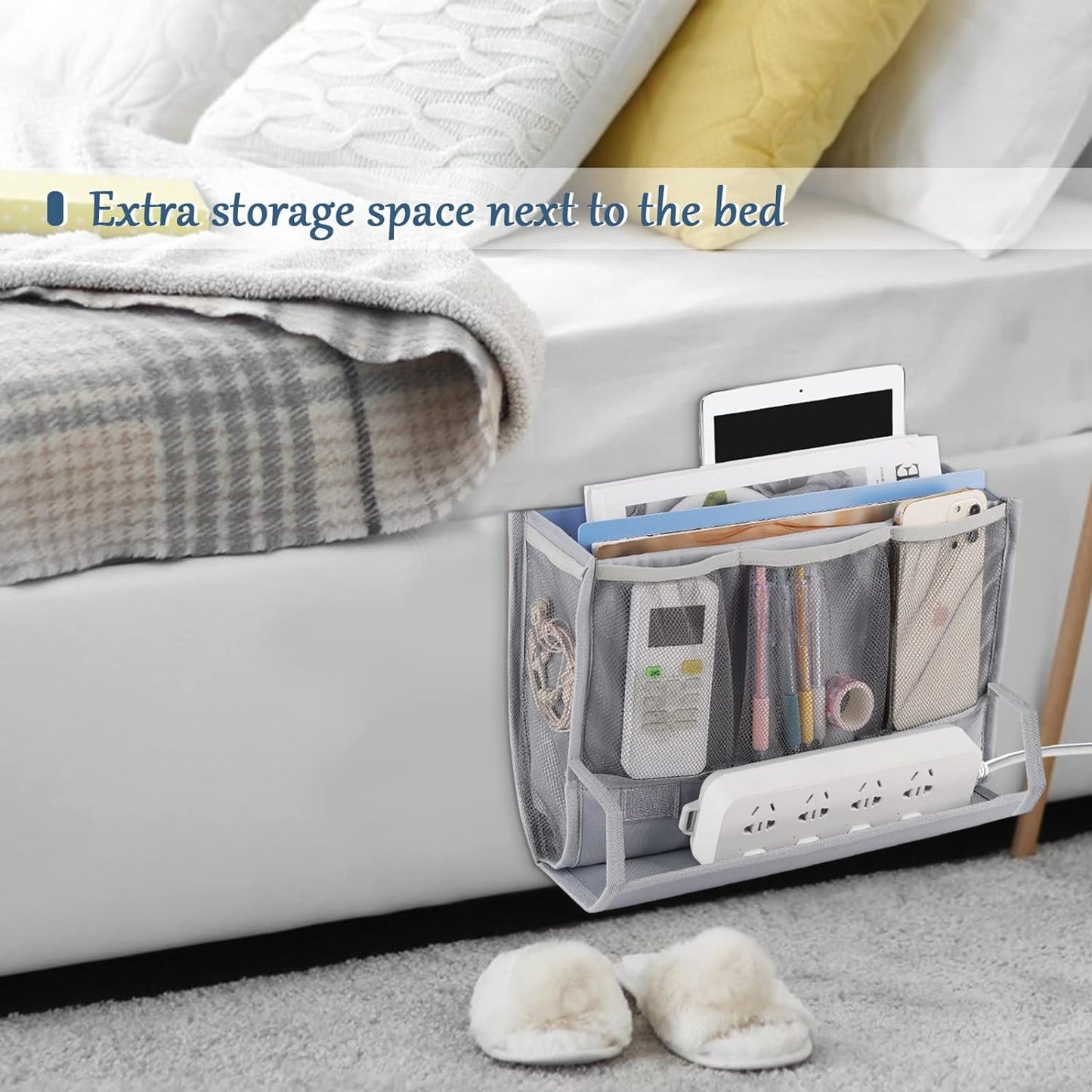 Bedside Storage Organizer with Power Strip Holder and Adjustable Straps Bed Hanging Bag for Home Bunk Bed Dorm Sofa (Light Gray)