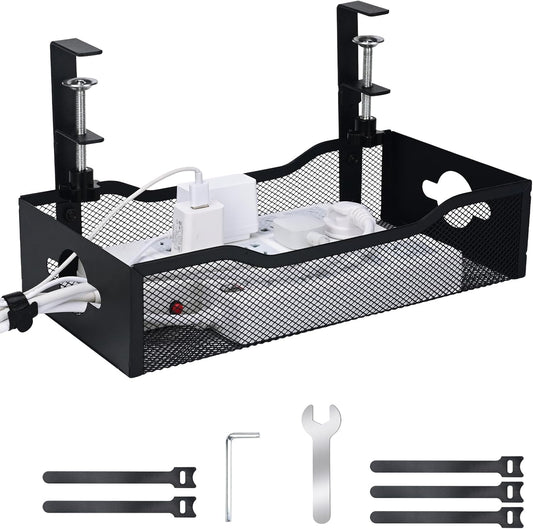 Large Under Desk Cable Management Tray - Heavy Duty Metal Cord Organizer with No Drill Installation for Office & Home Office Desks to Hide Wires & Power Strips (Black, XL)
