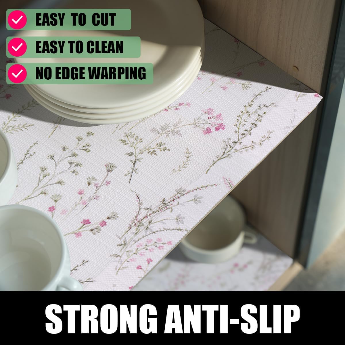Floral Drawer and Shelf Liner for Cabinets 16IN x 10FT, Non-Adhesive and Strong Non-Slip Flower Shelf Cabinet Drawer Liners for Kitchen,Table,Bookshelves,Waterproof Cupboard Liner