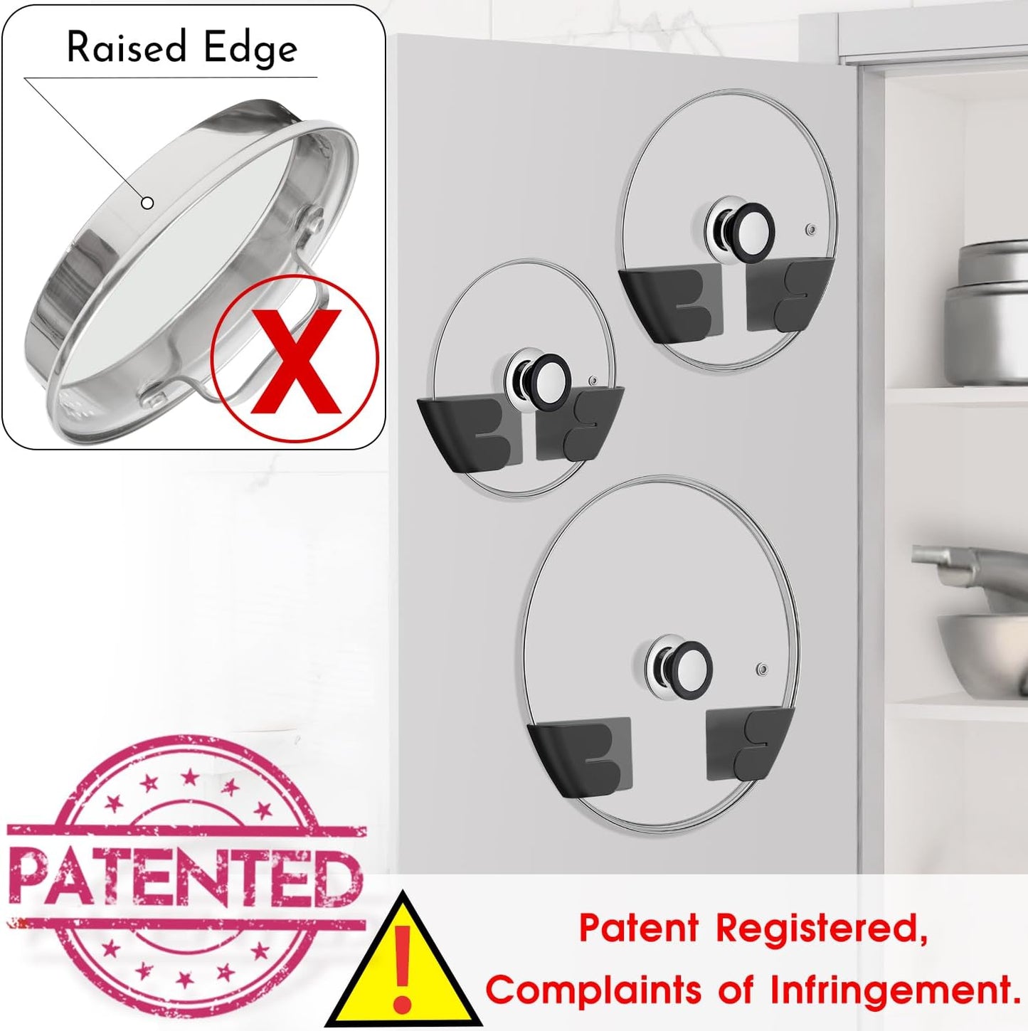 Universal Adjustable Pot Lid Organizer for Cabinet - Upgraded Patented Set of 4 Pan Lids Organizers Inside Cabinet Door Wall Mount Pots Top Holder for Kitchen Cupboard, Fits 6" to 14" (Black)