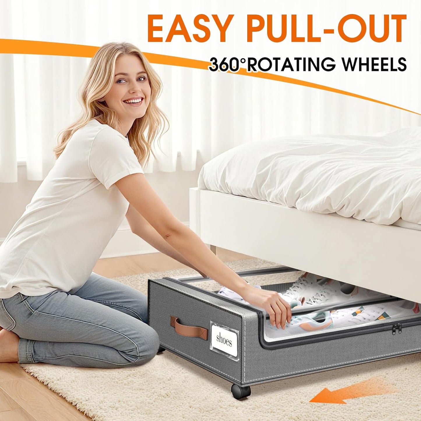 Under Bed Storage with Wheels 3Pack Underbed Storage with Clear Window&Label Under Bed Drawers Large Capacity Rolling Under Bed Storage for Clothes,Shoes, Blankets (Light Grey)