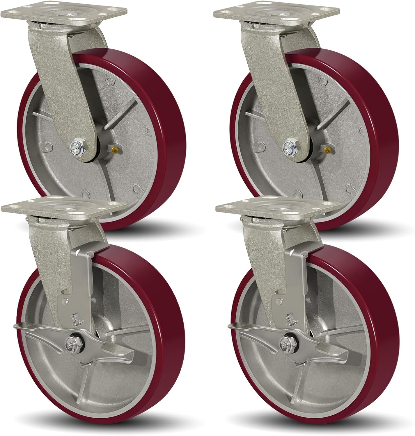 SY America 8" X 2" Casters Wheels,Heavy Duty Casters Set of 4，Polyurethane on Aluminum Wheels,2 Swivel 2 Swivel w/Top Lock Brake Casters,6400 LBS Load Capacity