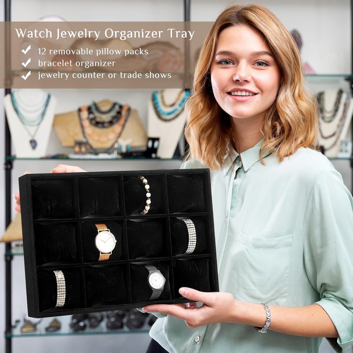 Henoyso 2 Pieces 12 Grid Velvet Watch Tray Jewelry Organizer Stackable Watch Bracelet Bangle Display Holder Adjustable Pillow(Black)