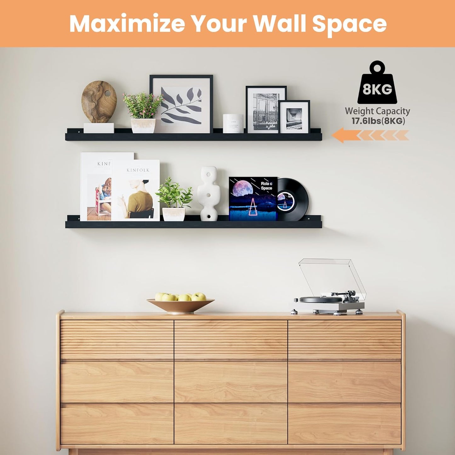upsimples Floating Shelves for Wall, 47.3 Inch Shelves for Decor Storage Set of 6, Wall Mounted Wood Shelf for Bedroom, Living Room, Bathroom, Kitchen, Long Picture Ledge Shelves, Black