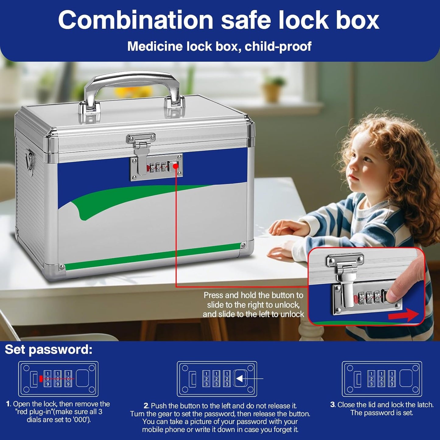 Medicine Lock Box with Combination Lock - 15 * 8.7 * 9.4”, First Aid Safe Medication Storage Organizer Pill Container for Home and Outdoor - Silver