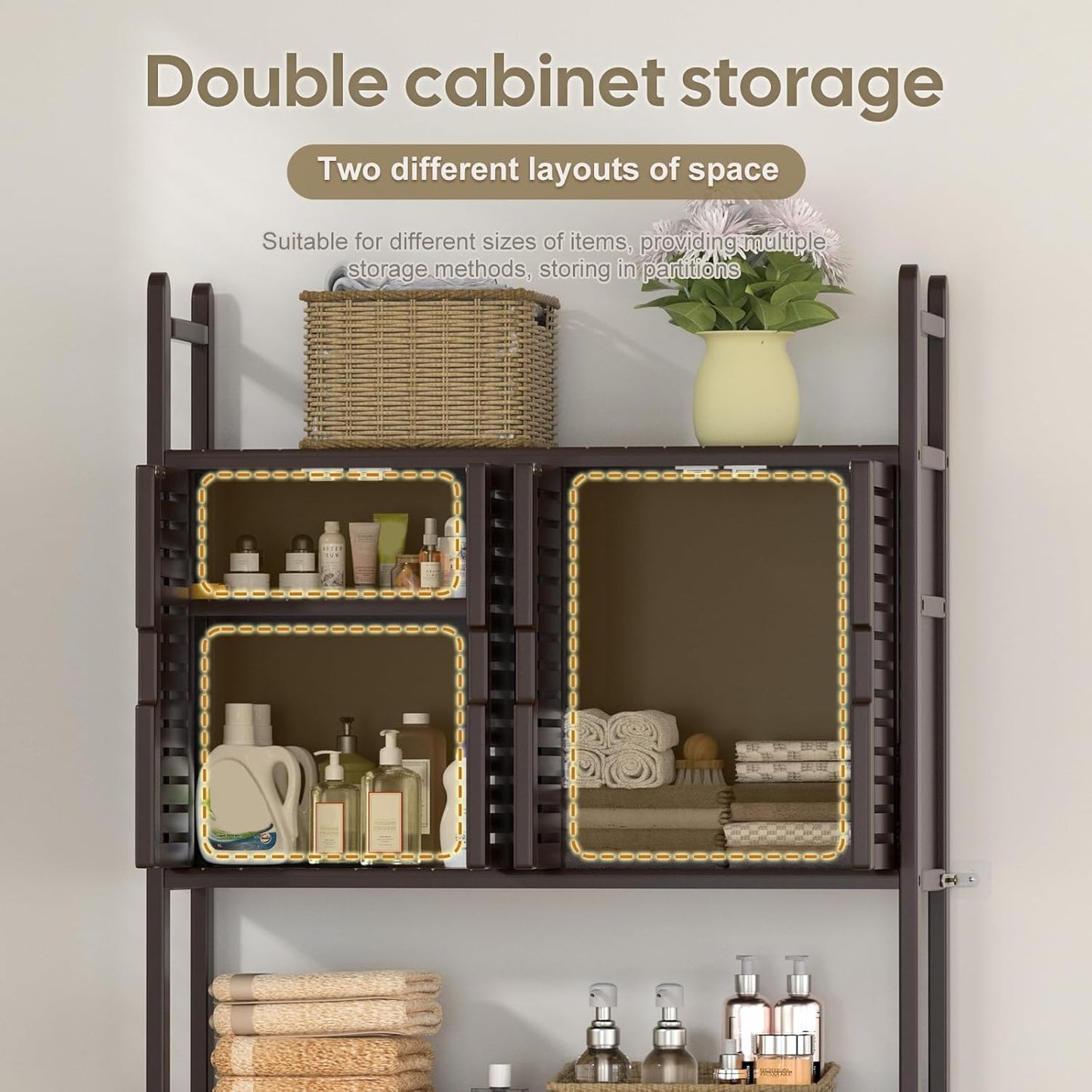 Over The Toilet Storage Cabinet with Paper Holder Stand,Bamboo Bathroom Organizer Shelf with Four Door and Waterproof Feet Pad,Space Saver Rack with Anti-Tip Design (Brown)