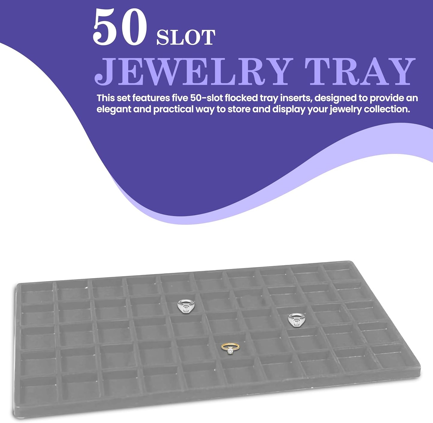 Novel Box 5 Pack 50-Slot Gray Liner Jewelry Storage Tray Inserts 14.75x8.25x1 Inches - Jewelry Organizer Pad for Drawers & Store Displays - Jewelry Display Pads for Rings Earrings & Pendants