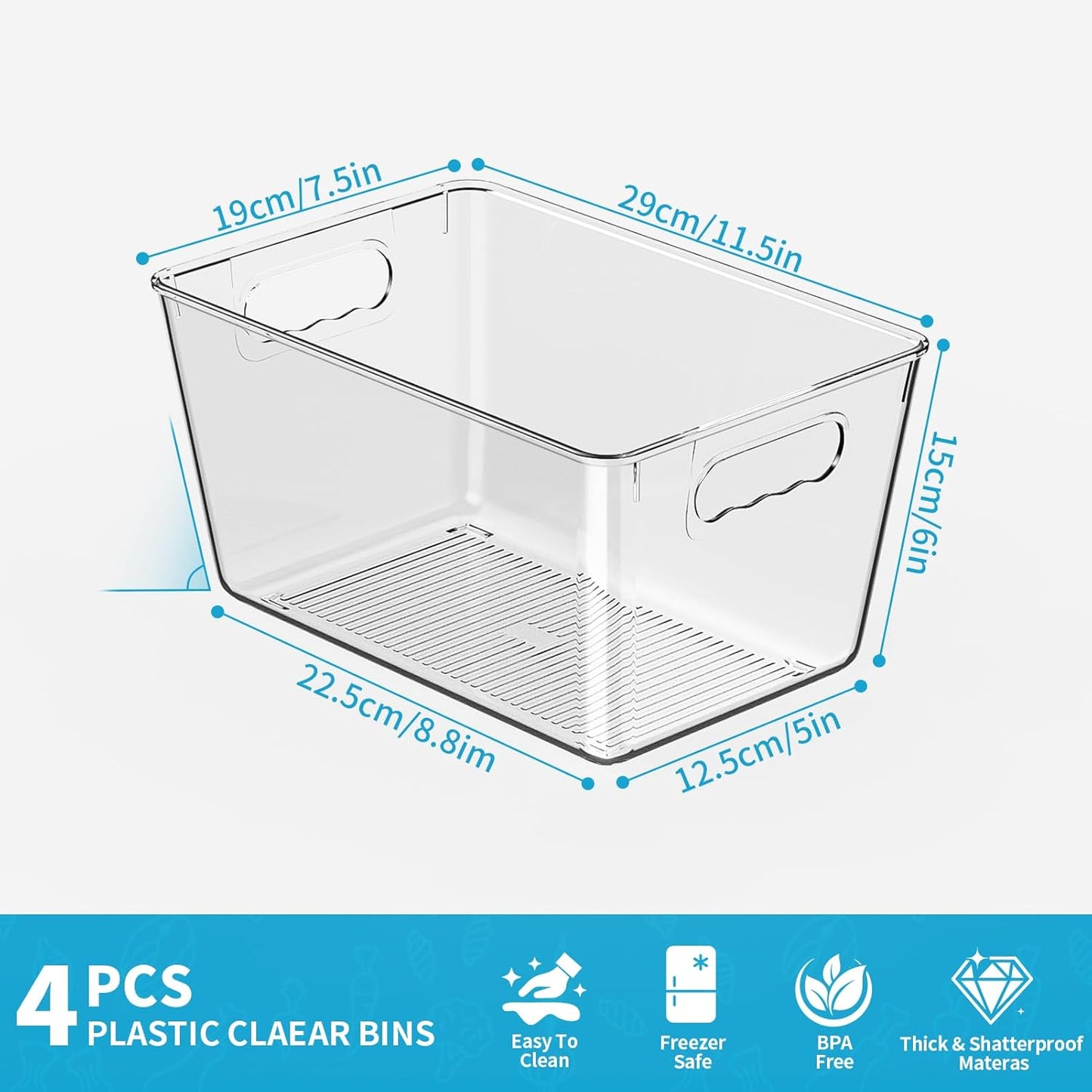 Clear Plastic Storage Bins, 4 Pack Pantry Organizers & Storage Containers, Cabinet Organizer, Home Organization Must Haves for Kitchen, Laundry Room, Office, Closet & Freezer