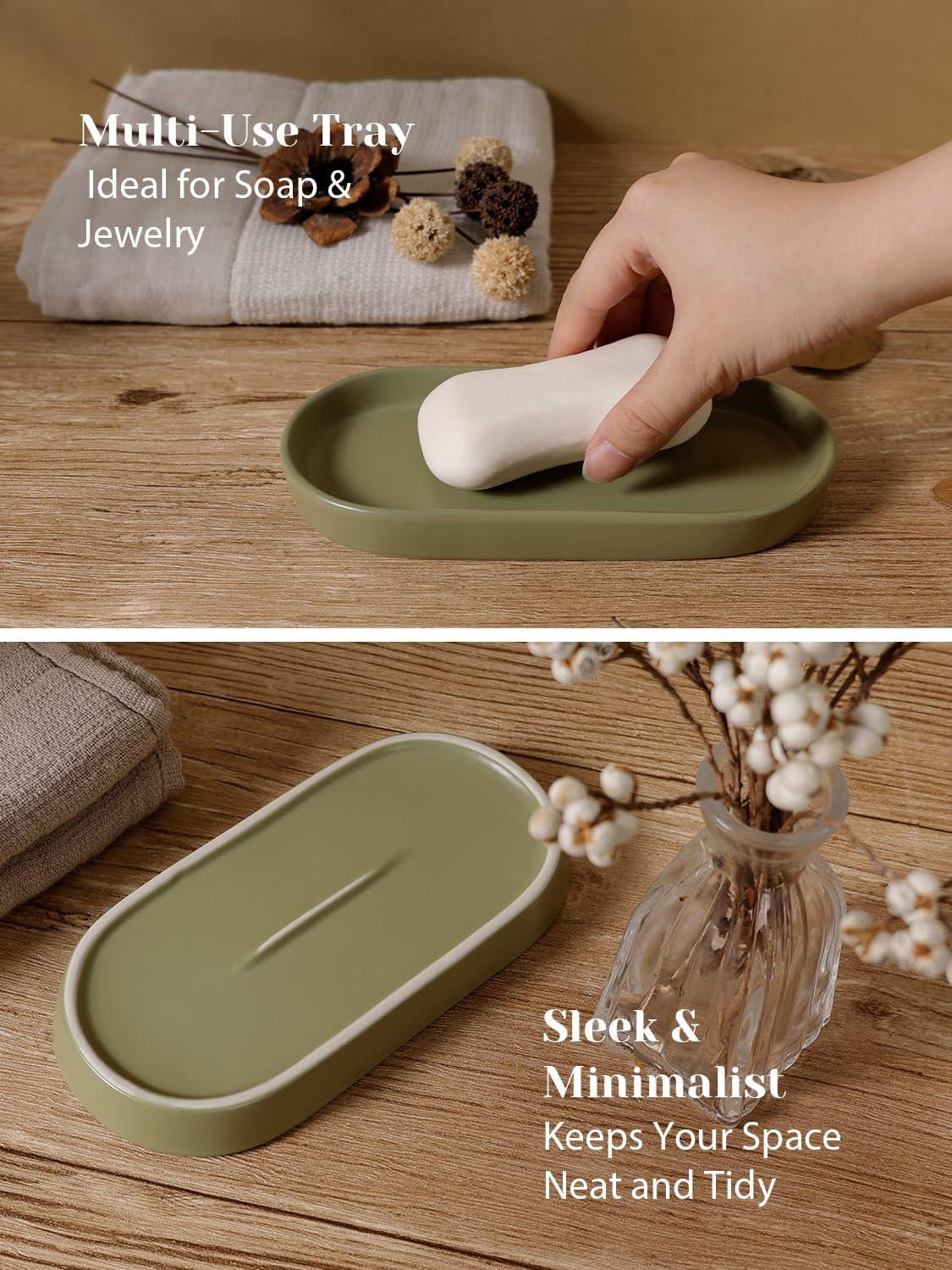 INGOFIN 3 Pcs Ceramic Bathroom Accessory Set - Liquid Soap Dispenser, Toothbrush Holder & Tray, Bathroom Counter Set, Countertop Essentials for Home, Guest Bathroom, or Office Use, Dark Green